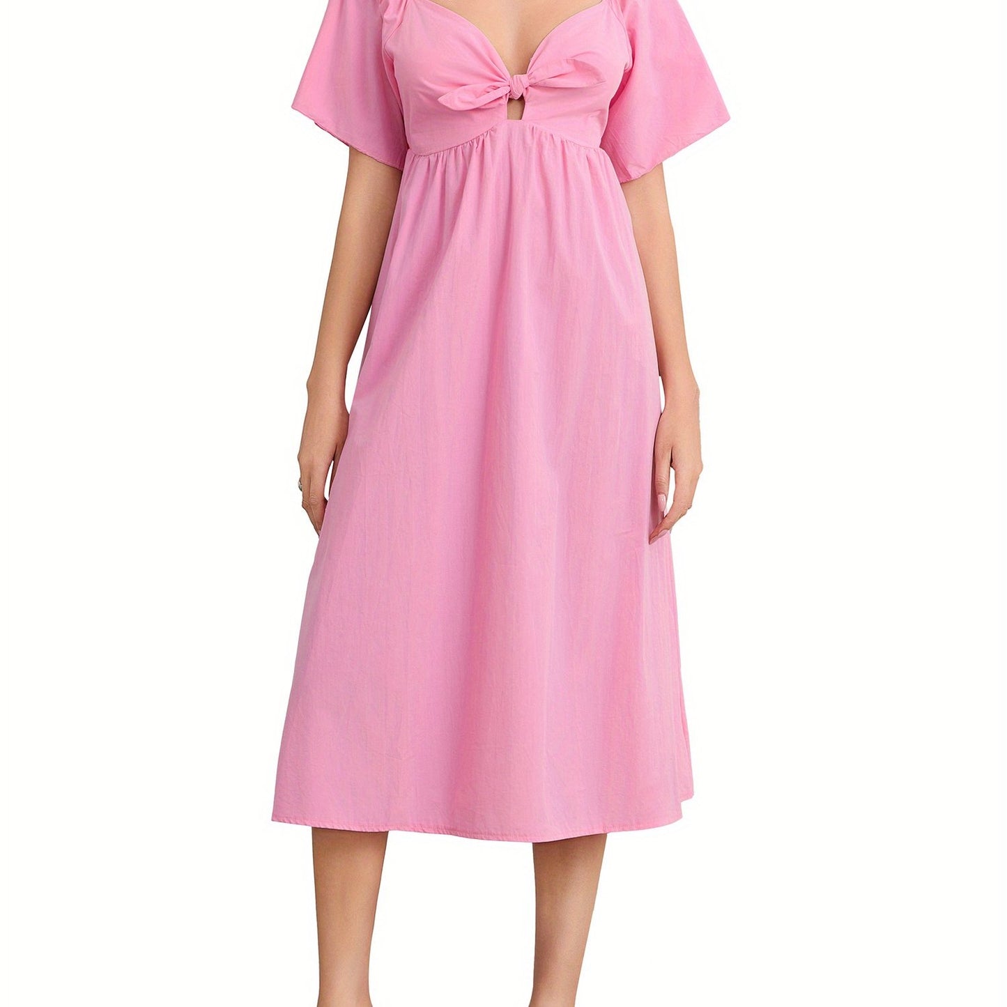 1pc Elegant Women'S Midi Dress - Sexy Square Neckline, Knotted V-Neck Detail, Ruched Short Sleeves, A-Line Silhouette, Polyester Woven Fabric, Solid Color, Versatile for All Seasons