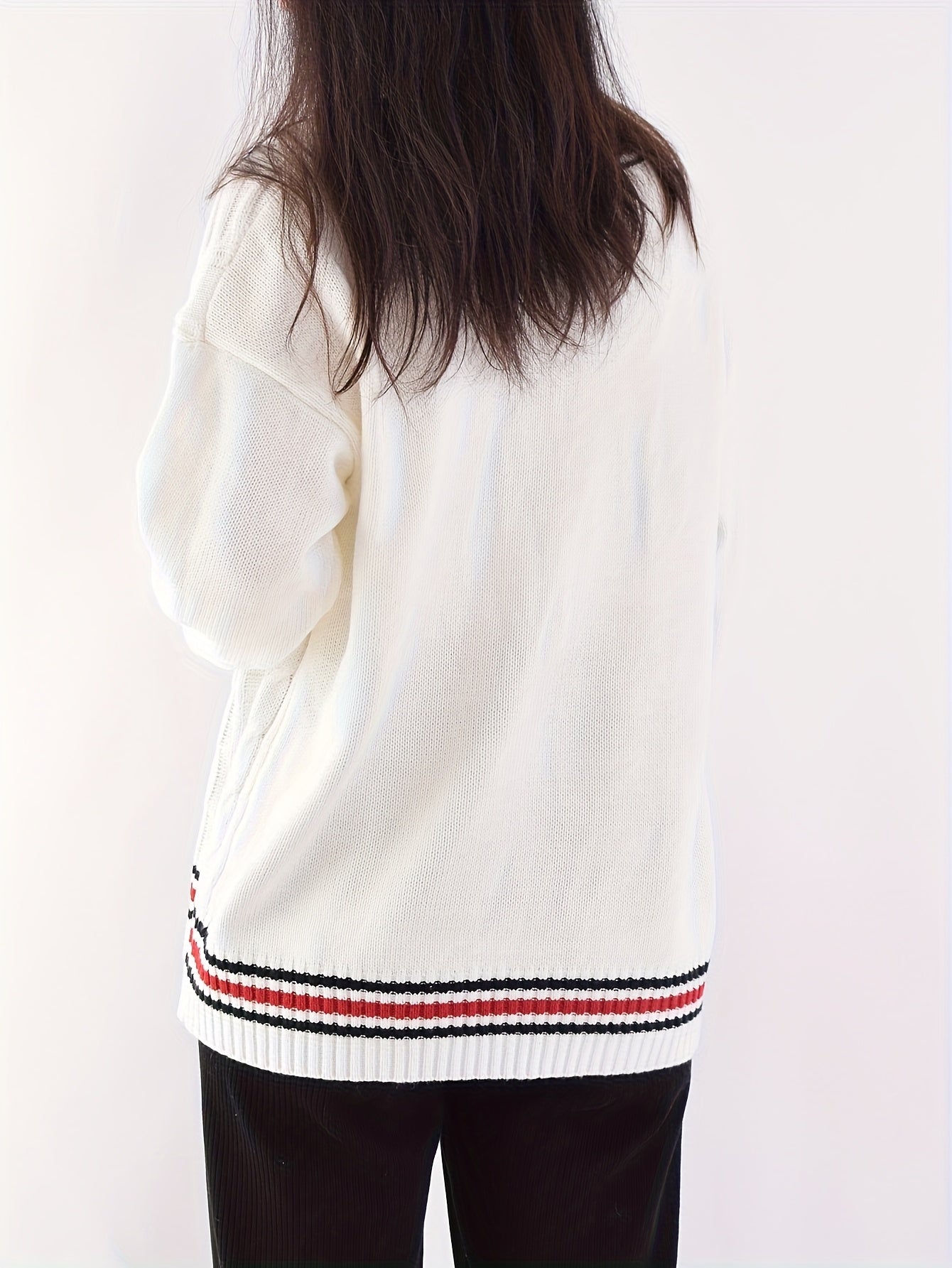 Japanese JK Uniform Sweater Loose Fit Women's Japanese JK Uniform V-Neck Sweater | Color-Block Contrast Trim, Braided Emblem Detail, Long Sleeve Knit Top for Casual & Outfits
