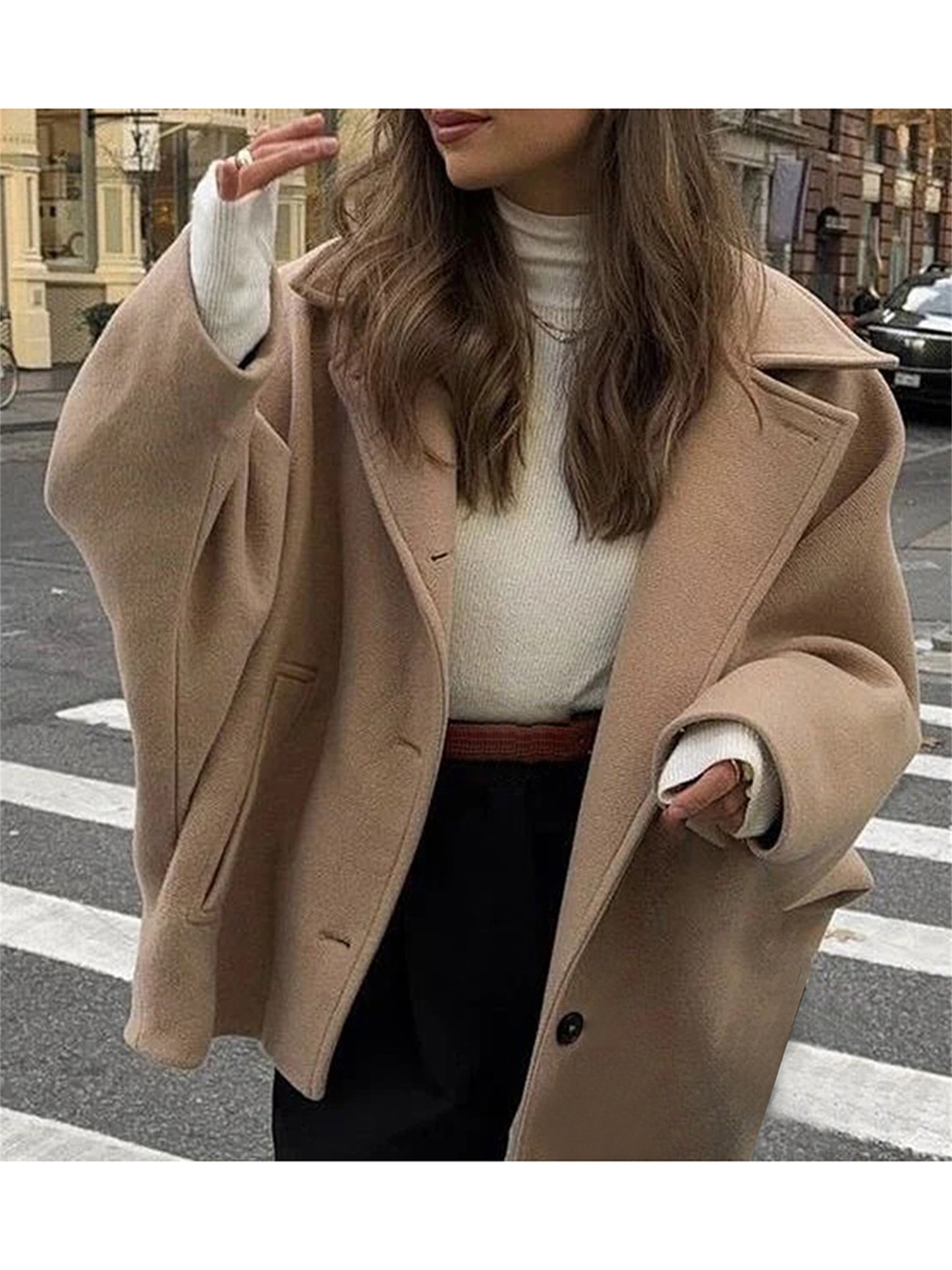 Women's Long Sleeve Plush Tie Front Button Coat - Warm Beige Lapel Collar Jacket for Fall and Winter, Casual Office & Streetwear, Machine Washable Polyester Outerwear, Fall Fashion Wear | Doublebreasted Coat | Polyester Fabric