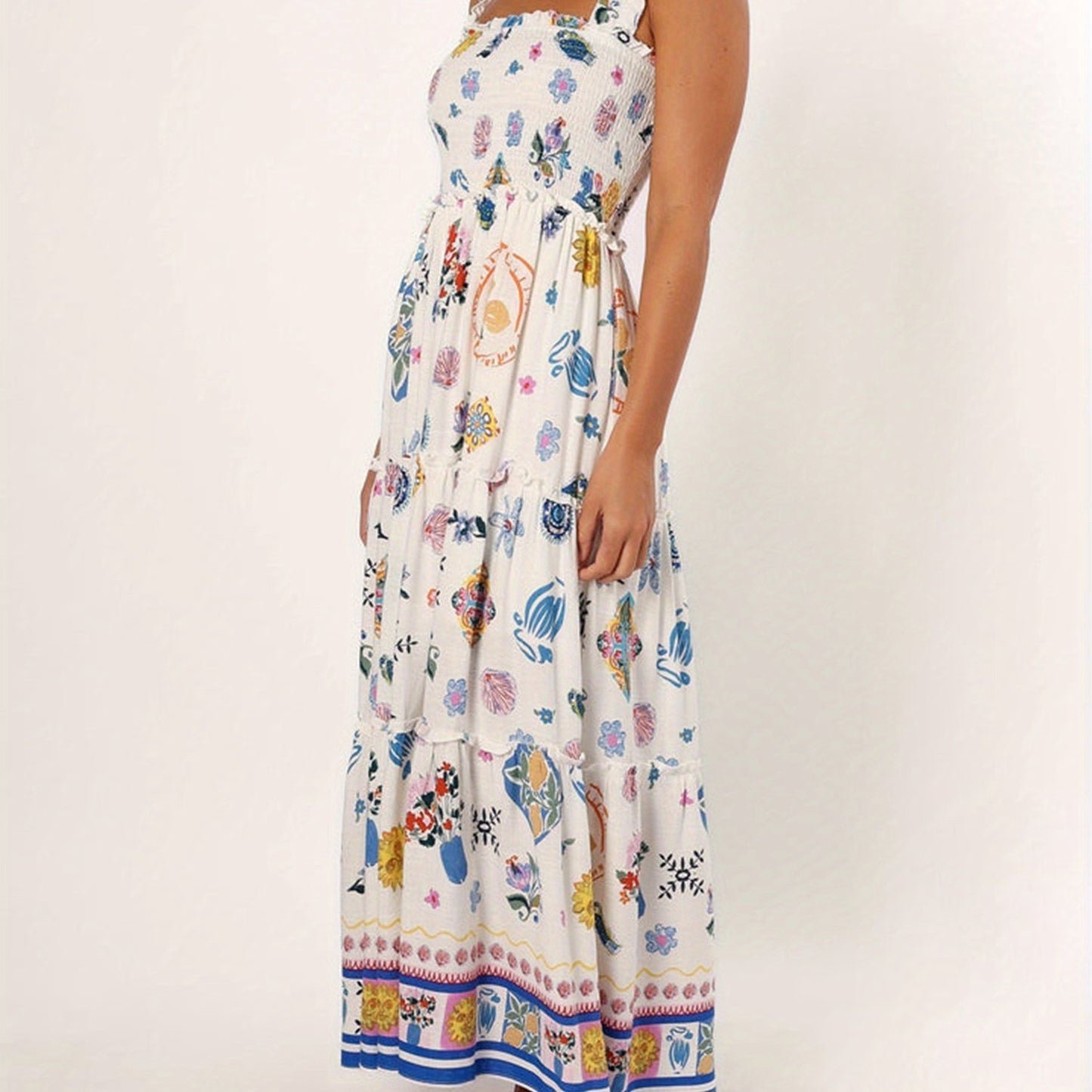 1pc Women'S Vacation Style Strapless A-Line Dress - Sleeveless Backless Polyester Beach Dress with Color Block Floral & Fruit Print, Woven Flowy Dress for All Seasons