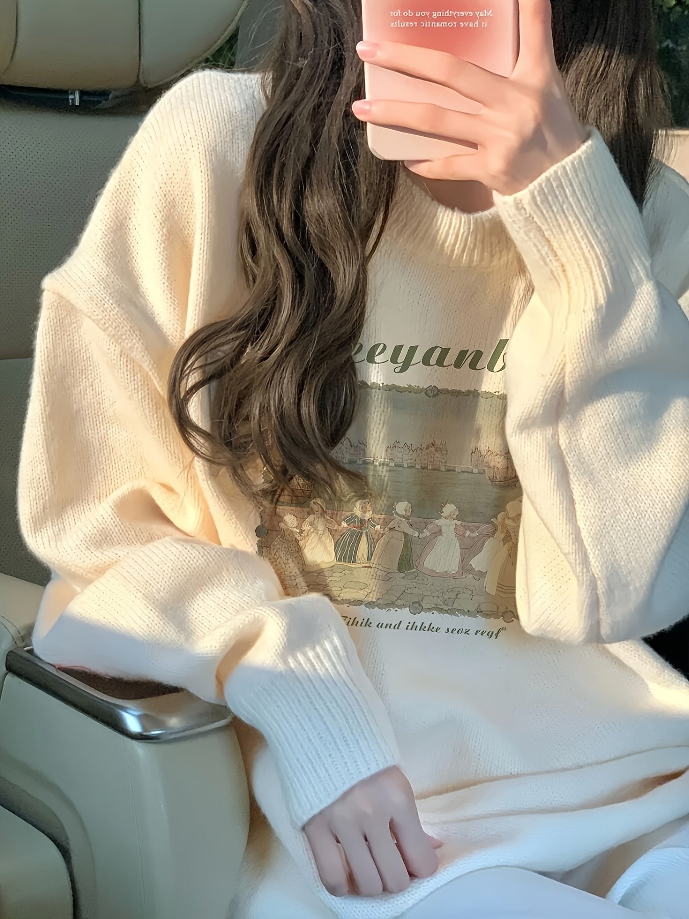 Cute Sweater Soft Cartoon Print Women's Sweater | Long Sleeve Round Neck Ribbed Trim Top, Medium Stretch Spring\u002FFall Casual Wear, Hand Wash\u002FDry Clean