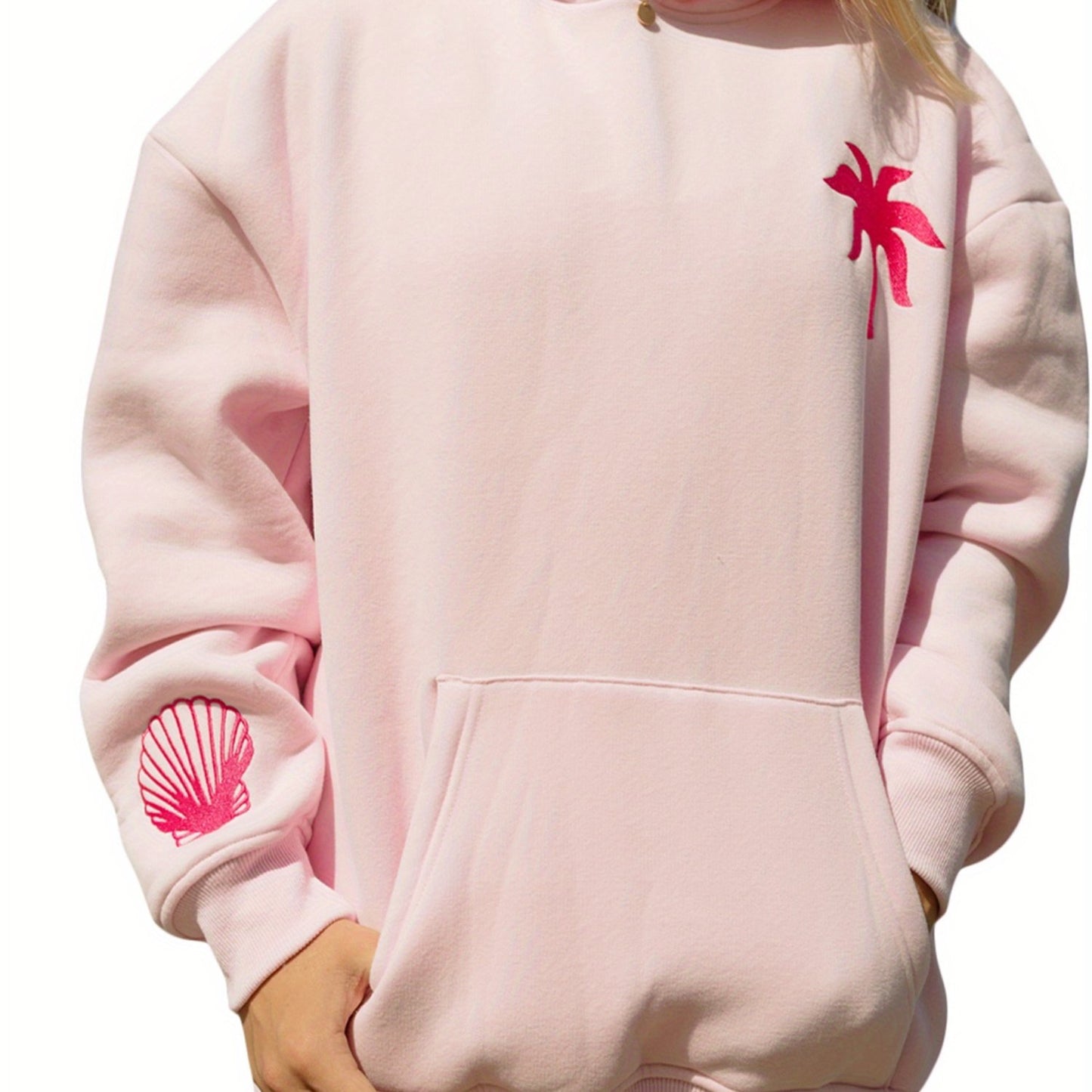 Long Sleeve Crew Neck Knit Polyester Hoodie - Women'S Beach-Themed Sweatshirt with Front Pocket, Slight Stretch, Printed Palm & Shell Design, Casual Sports Style Top