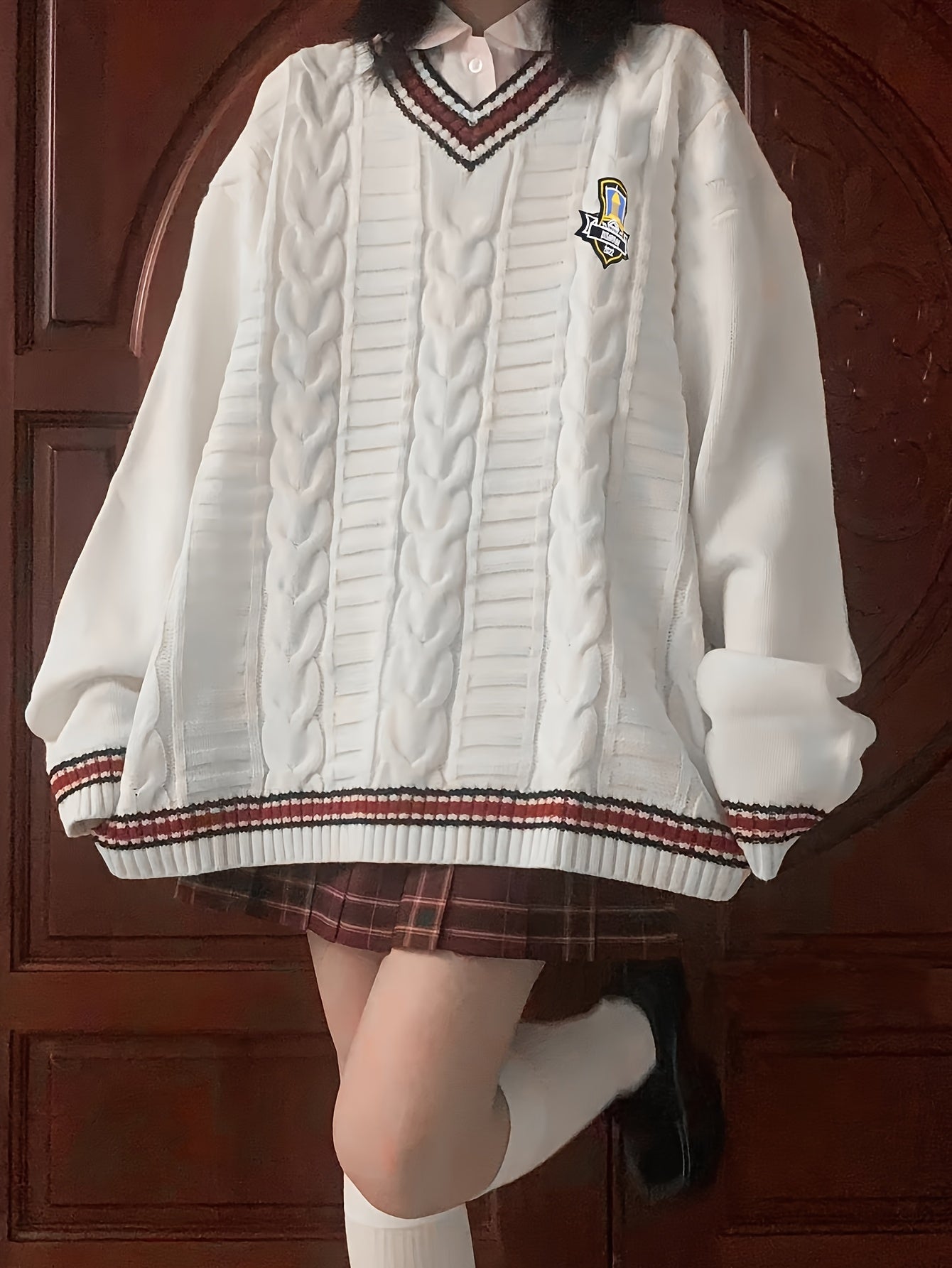 Japanese JK Uniform Sweater Loose Fit Women's Japanese JK Uniform V-Neck Sweater | Color-Block Contrast Trim, Braided Emblem Detail, Long Sleeve Knit Top for Casual & Outfits