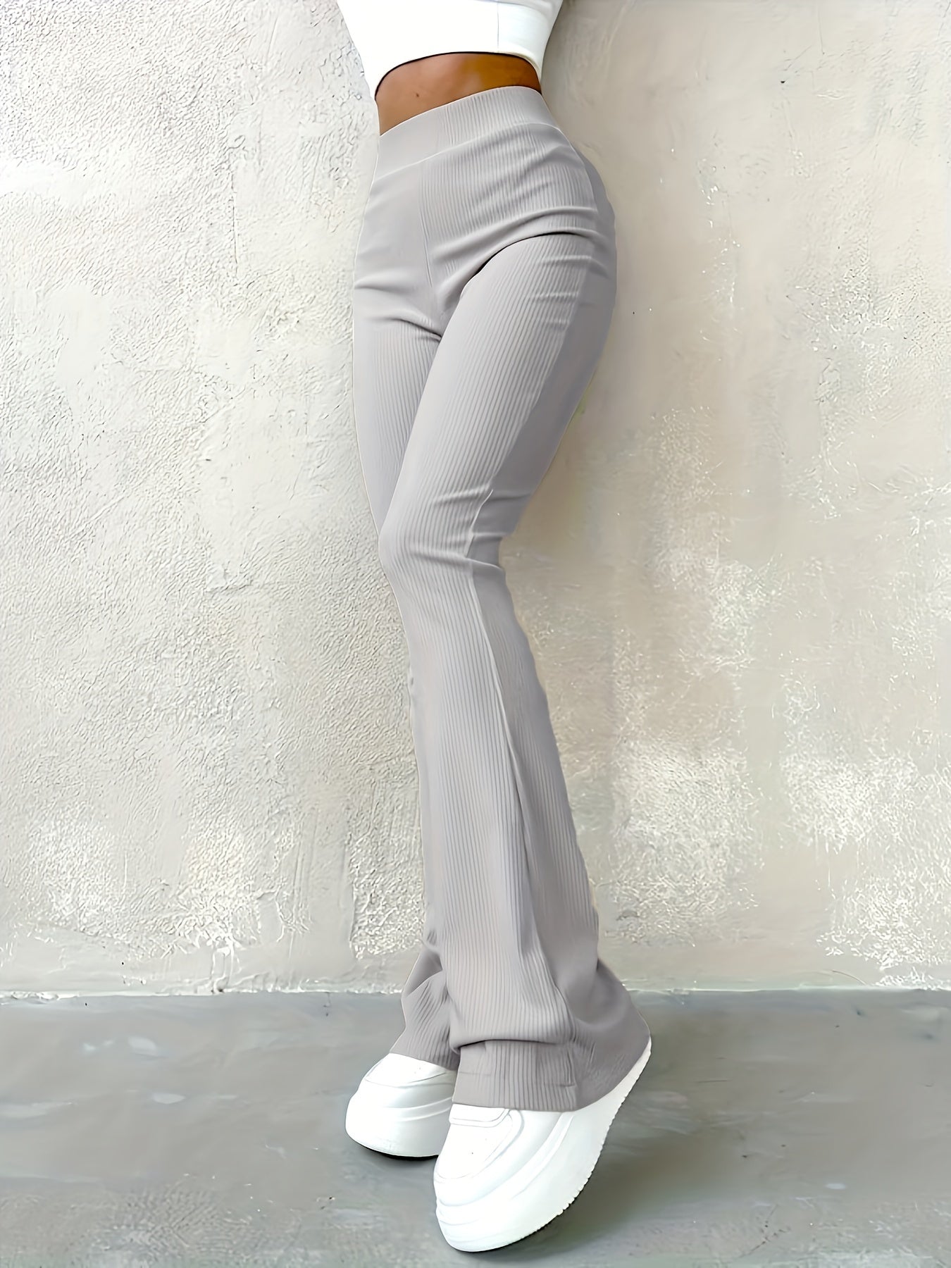 Casual Ribbed Simple Slim Leggings Solid Color High Waist Fashion Trousers