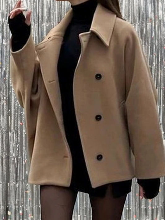 Women's Long Sleeve Plush Tie Front Button Coat - Warm Beige Lapel Collar Jacket for Fall and Winter, Casual Office & Streetwear, Machine Washable Polyester Outerwear, Fall Fashion Wear | Doublebreasted Coat | Polyester Fabric