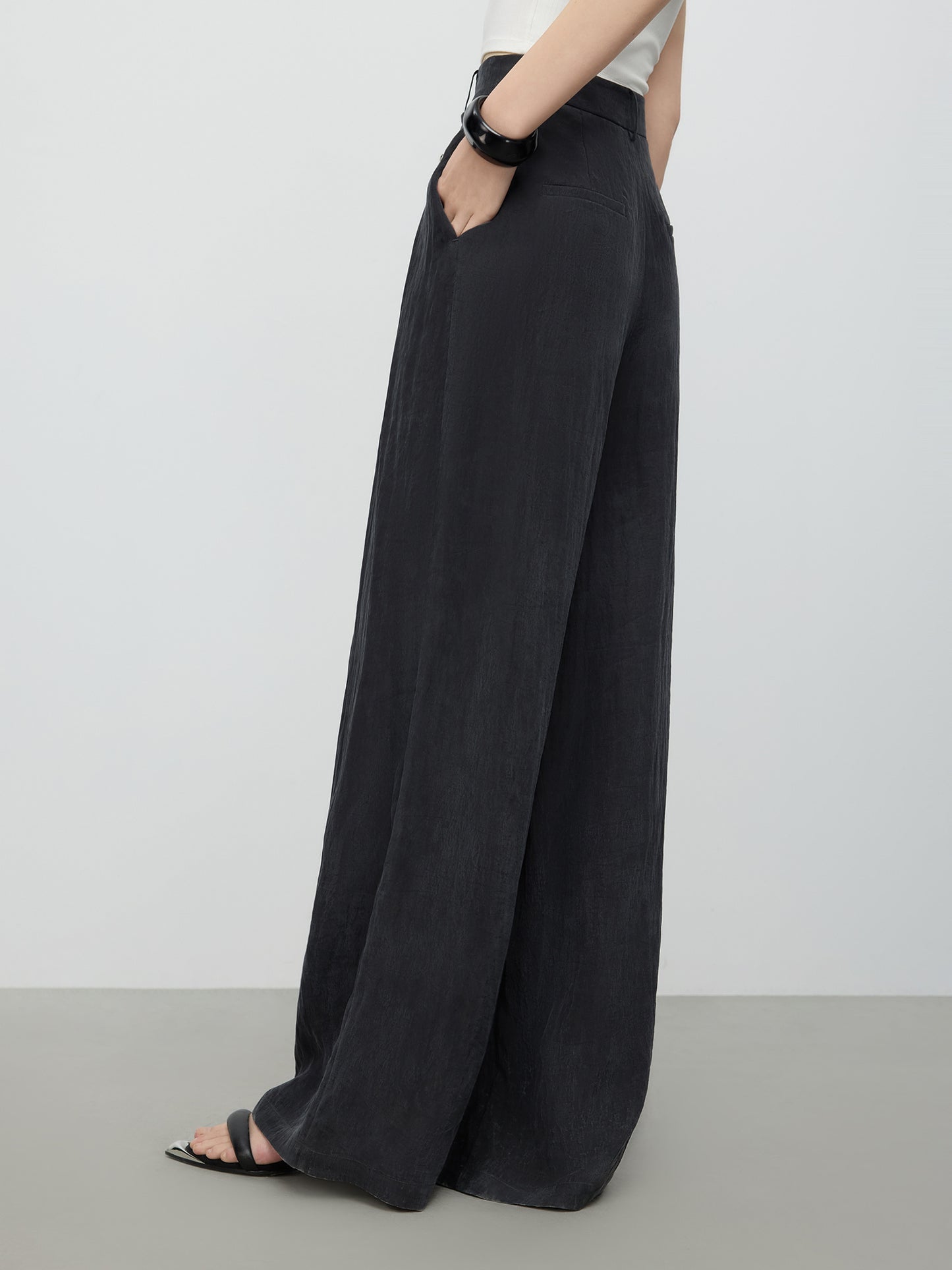 FSLE Women's 2025 Summer Casual Wide-Leg Pants with Subtle Elastic Waistband - Floor-Sweeping Ankle-Length, Non-Stretch Breathable Fabric, Solid Color for Casual Attire
