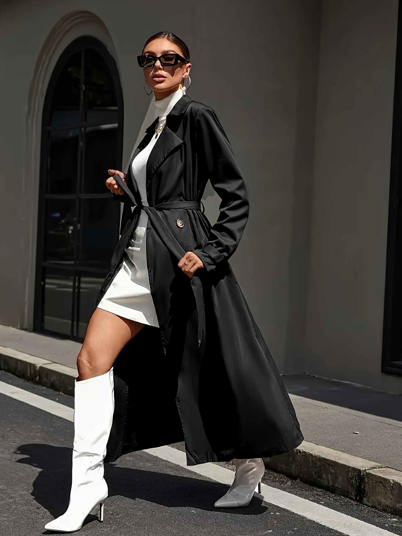 Classic Trench Coat Elegant Women's Classic Trench Coat | Adjustable Waist Belt & Notch Lapel Collar | Solid Color Machine-Washable Outerwear for Casual & Formal Occasions
