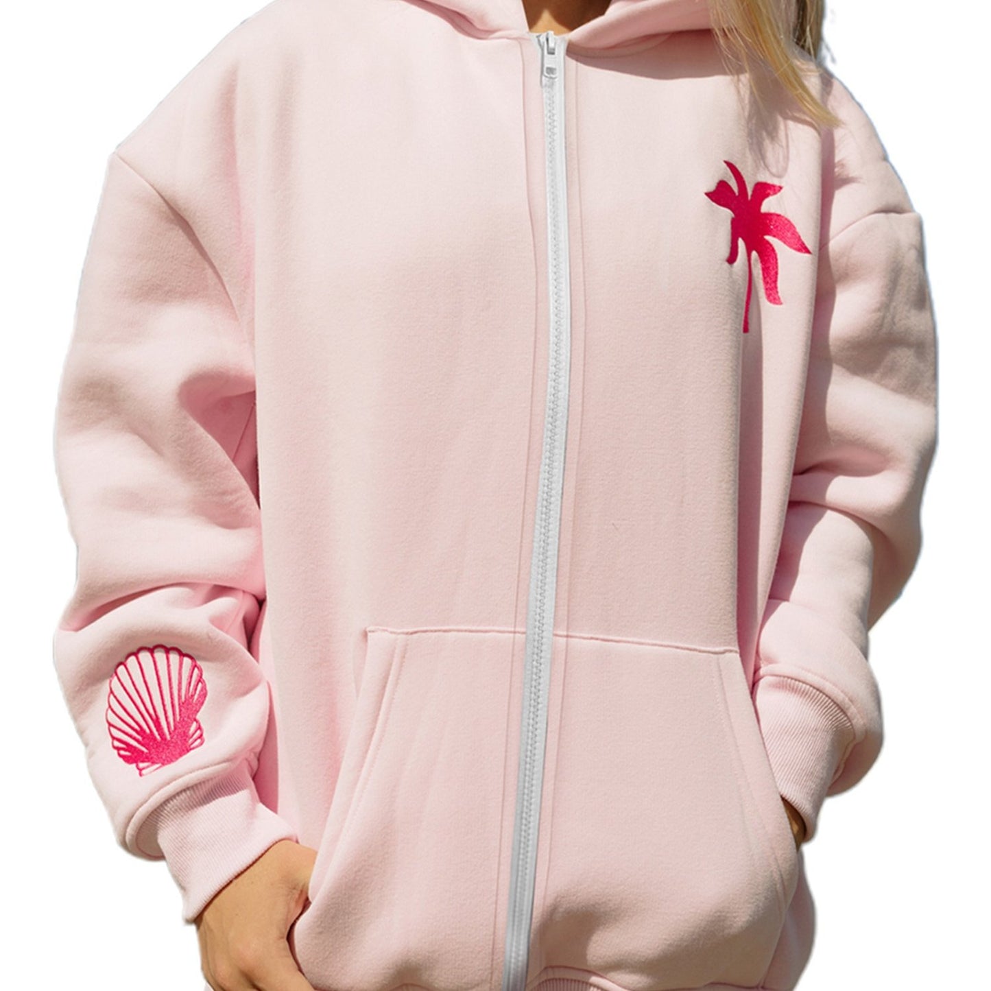 Women'S Loose Hoodies Shell Embroidered Zip-Up Hooded Long Sleeve Sweatshirts Fall Winter Casual Coat