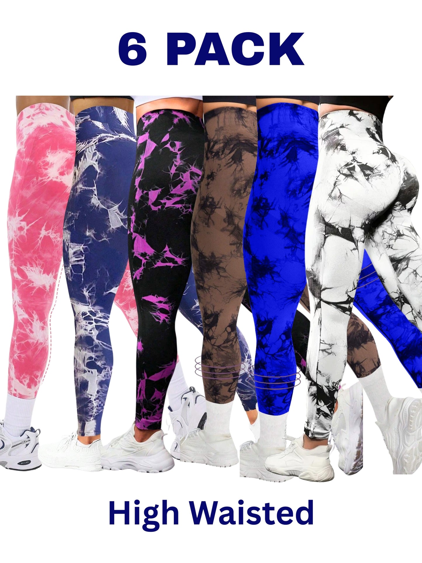 6 Pcs Women's High Waist Tummy Control Tie-Dye Yoga Pants, High Quality Seamless Sport Leggings, Butt Lifting Workout Tights for Gym and Daily Wear