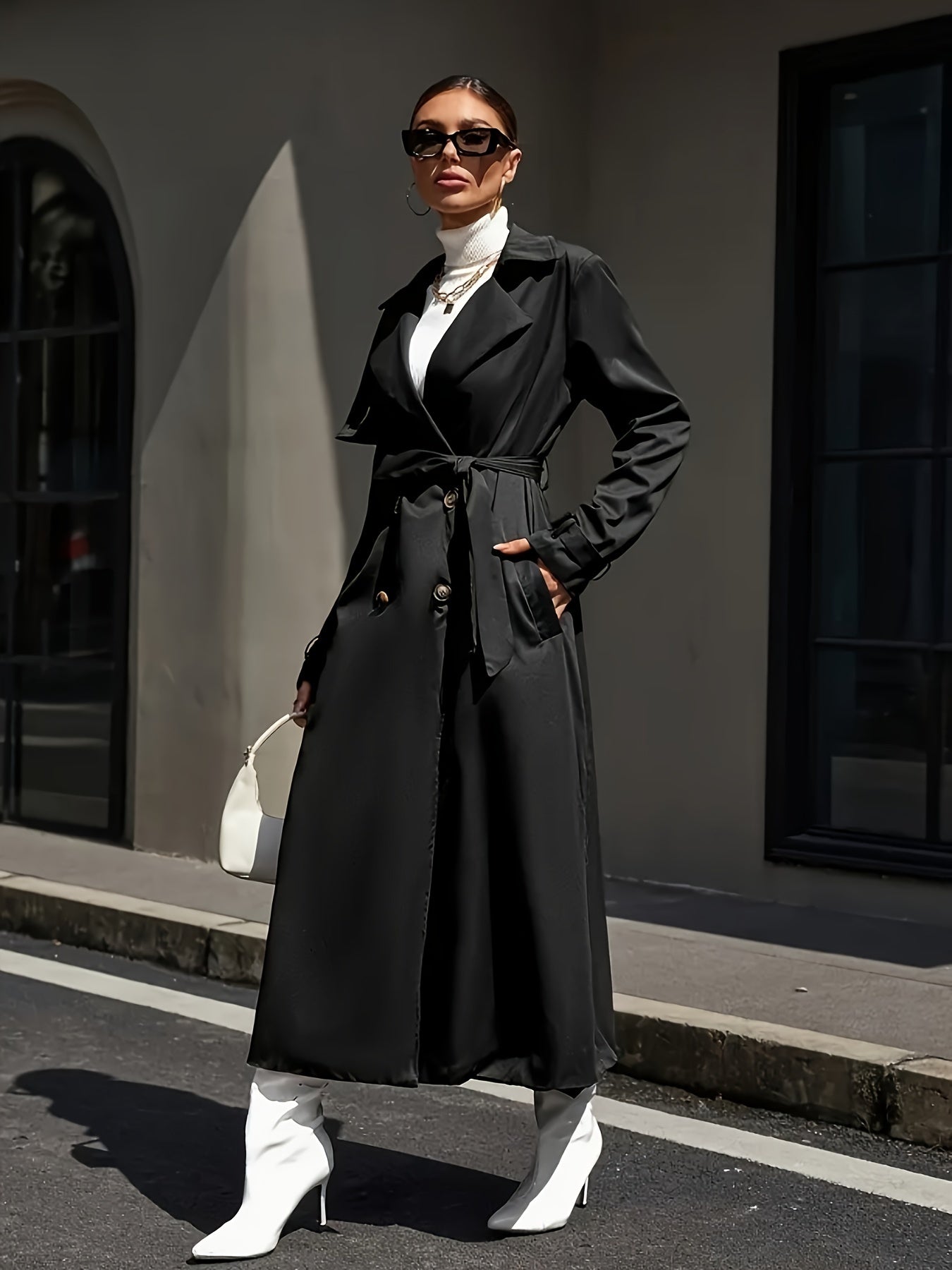Classic Trench Coat Elegant Women's Classic Trench Coat | Adjustable Waist Belt & Notch Lapel Collar | Solid Color Machine-Washable Outerwear for Casual & Formal Occasions