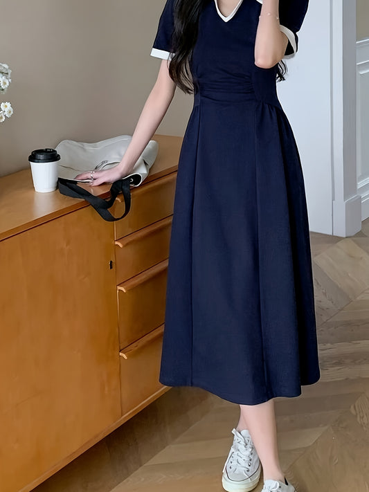 Navy Blue Midi Dress Navy Blue Elegant Midi Dress for Women | Short Sleeve, Collar, Cinched Waist, Flowy Design, Nontransparent Material, Perfect for Casual or Formal Occasions, Allseason Attire