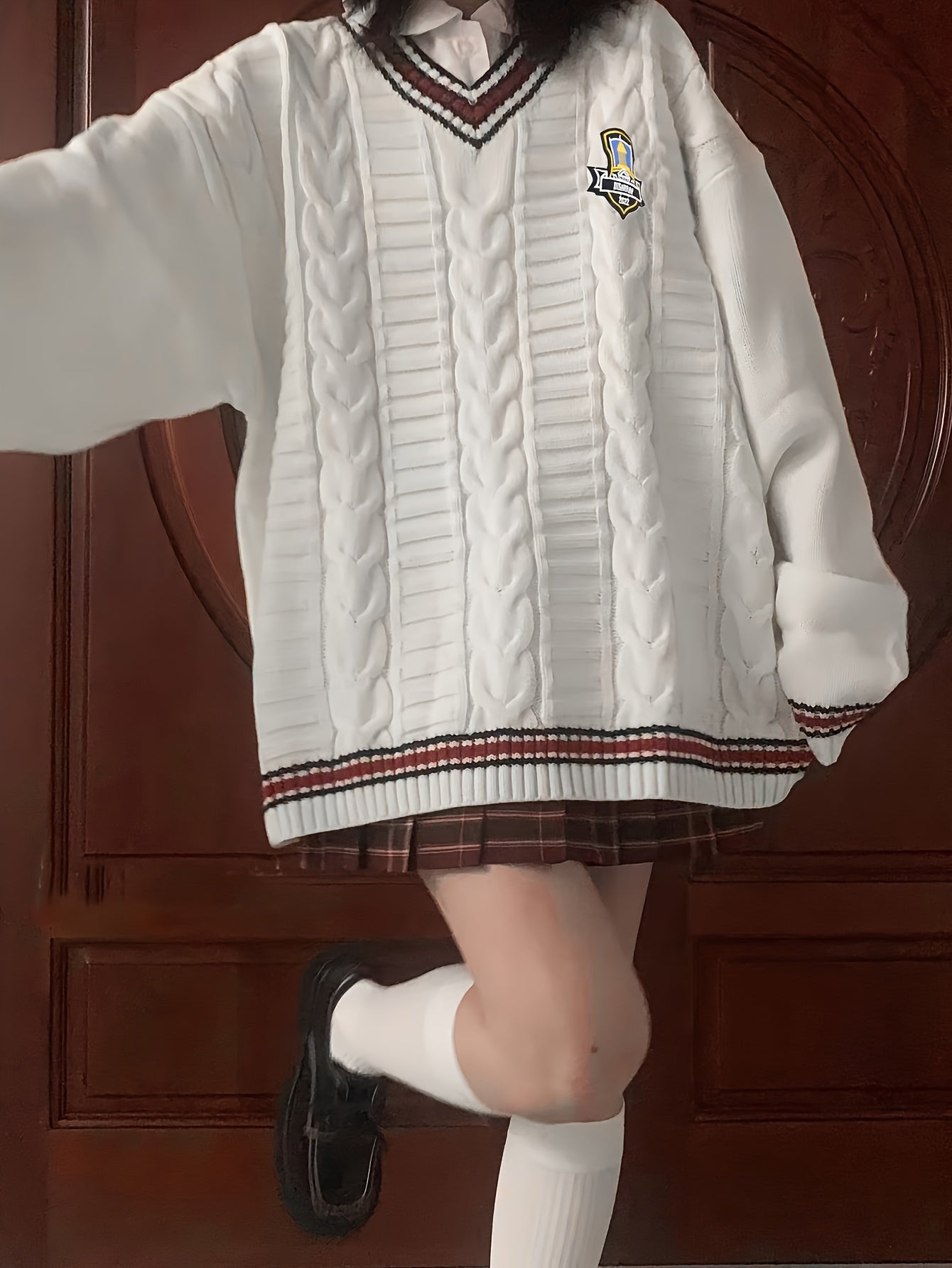 Japanese JK Uniform Sweater Loose Fit Women's Japanese JK Uniform V-Neck Sweater | Color-Block Contrast Trim, Braided Emblem Detail, Long Sleeve Knit Top for Casual & Outfits