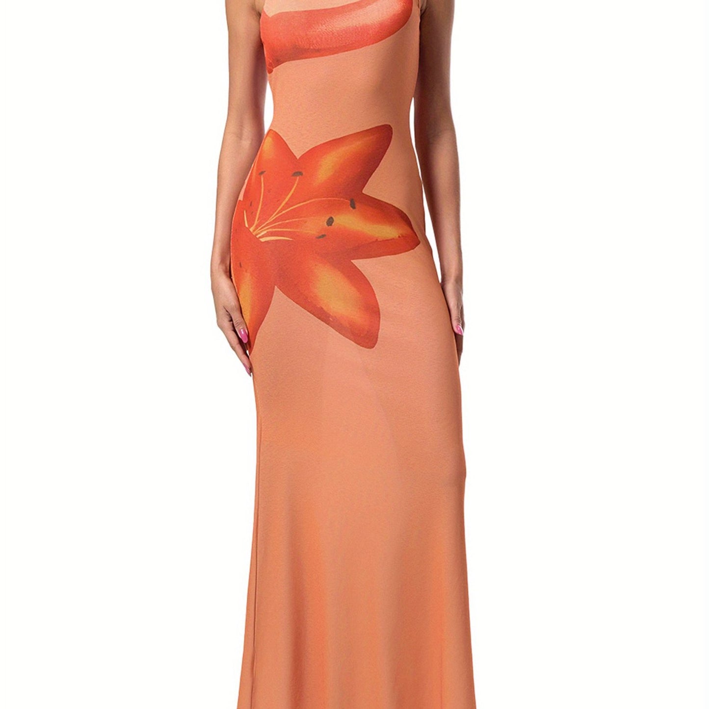 1pc Women'S Sexy Floral Print Bodycon Midi Dress - Sleeveless Asymmetrical Neck Tank Dress for All Seasons, Woven Polyester, Adult