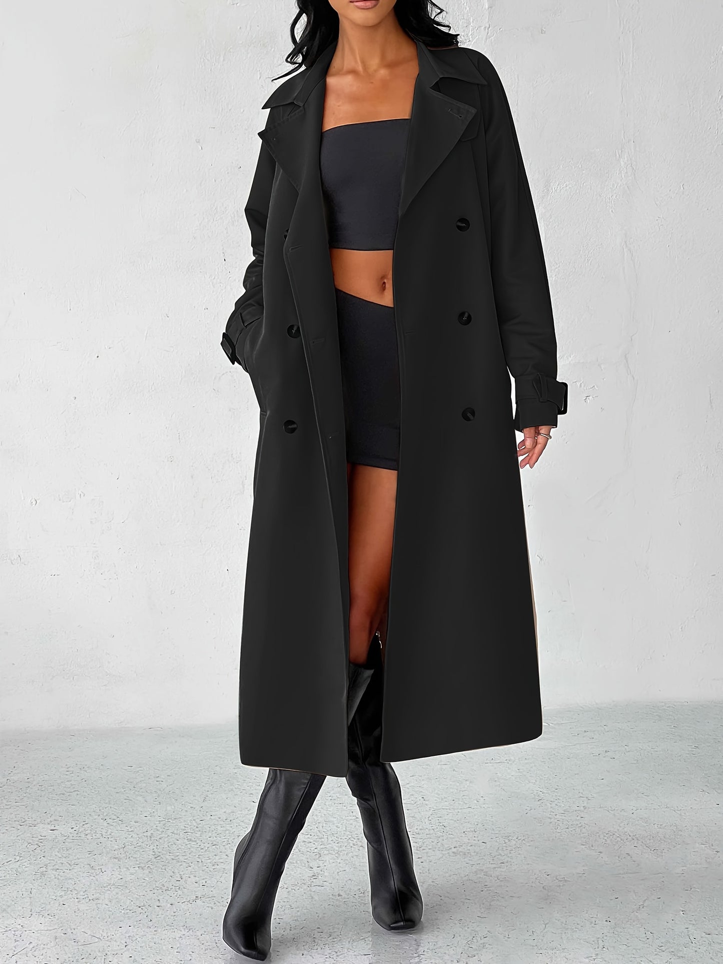 1pc Elegant Women'S Trench Coat - Sexy Solid Color Double-Breasted Long Sleeve Windbreaker with Belt, Polyester Woven Button Front Streetwear Outerwear