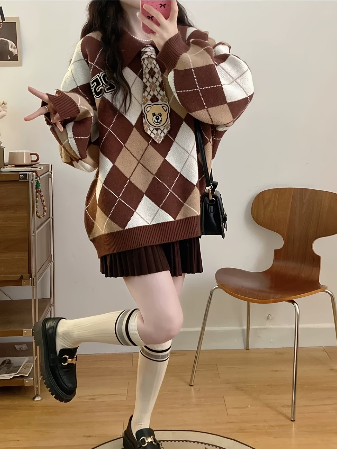 Women'S Casual Loose Fit Sweater with Diamond Pattern - Soft & Cozy Pullover for Spring\u002FFall, Long Sleeve, No Belt, Casual Style, Fall Fashion | Relaxed Fit Top | Knit Construction, Sweater Dress