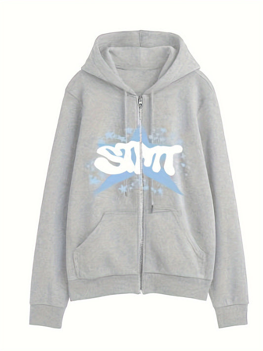 1pc Y2K Inspired Women'S Cotton Hoodie with Geometric Star Pattern - Casual Long Sleeve Zippered Hooded Sweatshirt with Slight Stretch for Fall Season