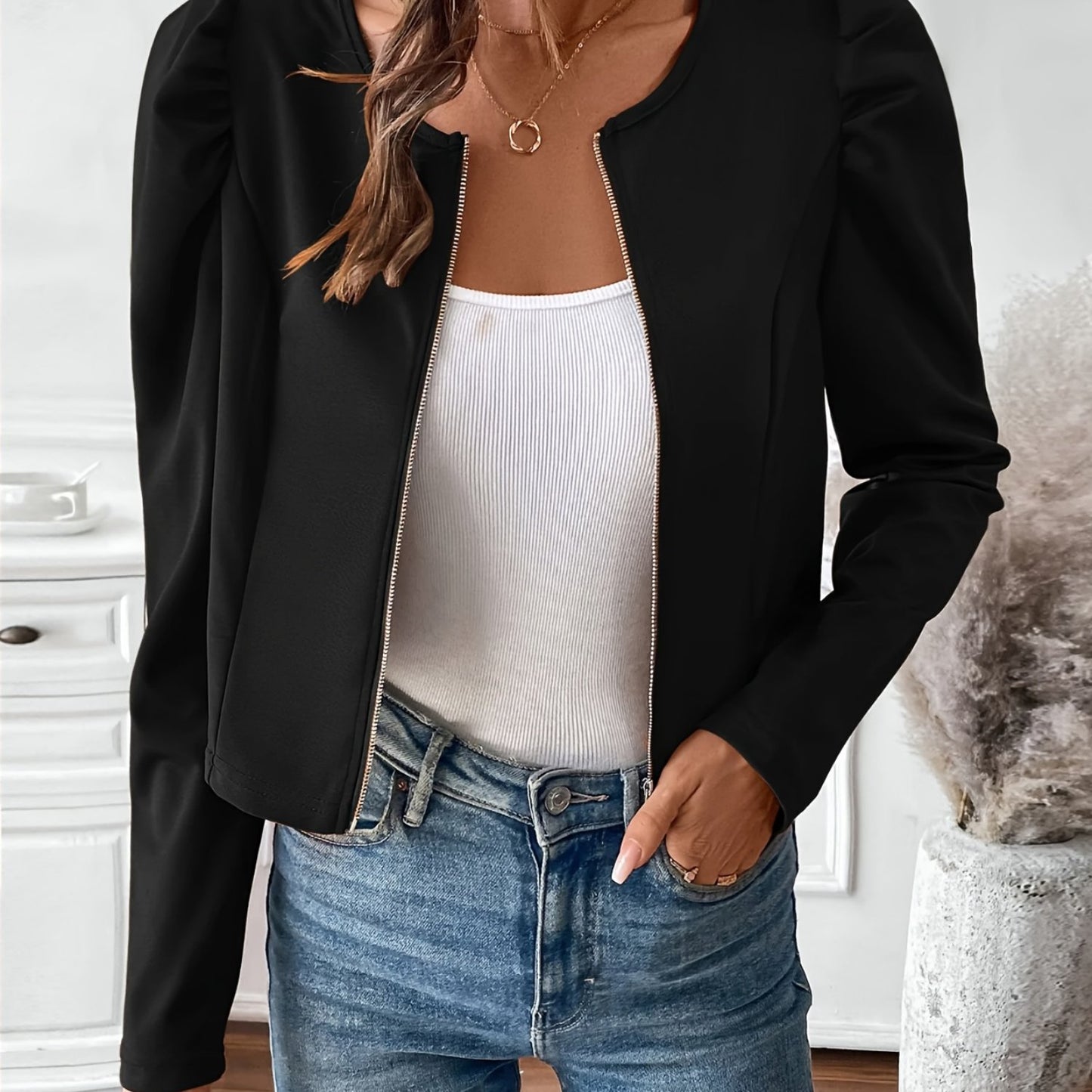Women'S Elegant Black Zip-Up Jacket with Puffed Sleeves - Casual Long Sleeve, Solid Color, Button Detail, Perfect for Casual Attire, Casual Wear Jacket | Puffed Sleeve Jacket | Zippered Jacket