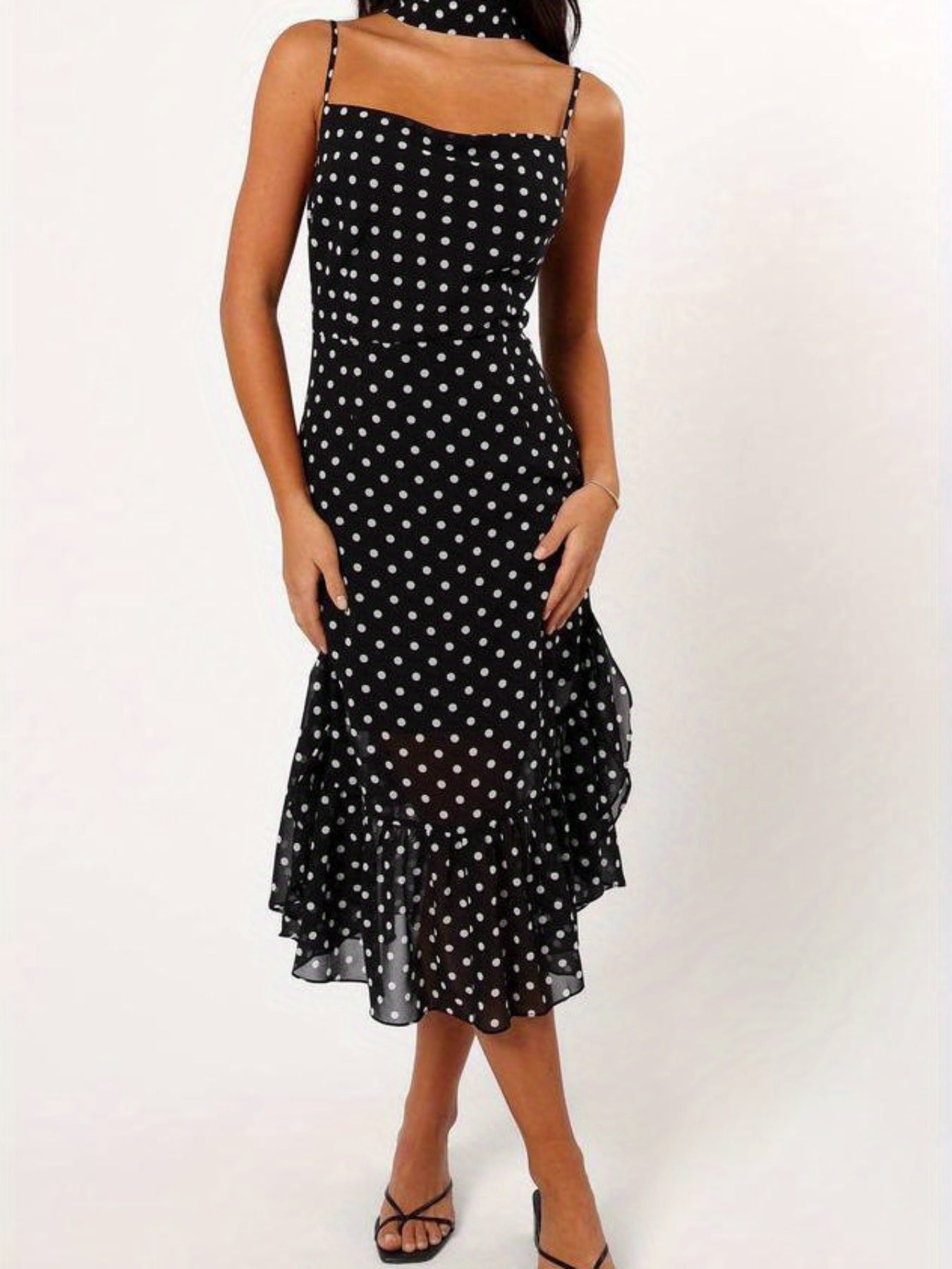 Women Summer Spaghetti Strap Dress Casual Dot Print Ruffle Party Dress and Scarf for Vacation Beach Streetwear