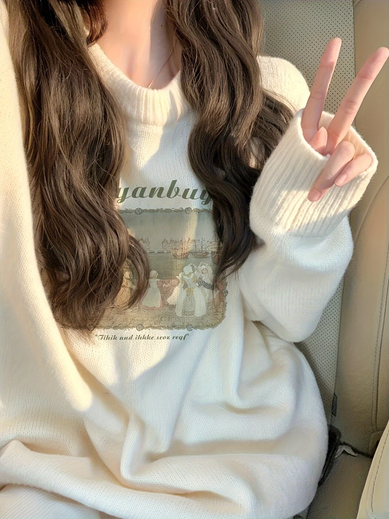 Cute Sweater Soft Cartoon Print Women's Sweater | Long Sleeve Round Neck Ribbed Trim Top, Medium Stretch Spring\u002FFall Casual Wear, Hand Wash\u002FDry Clean