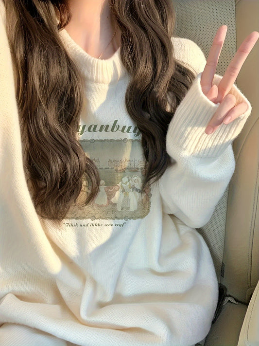 Cute Sweater Soft Cartoon Print Women's Sweater | Long Sleeve Round Neck Ribbed Trim Top, Medium Stretch Spring\u002FFall Casual Wear, Hand Wash\u002FDry Clean