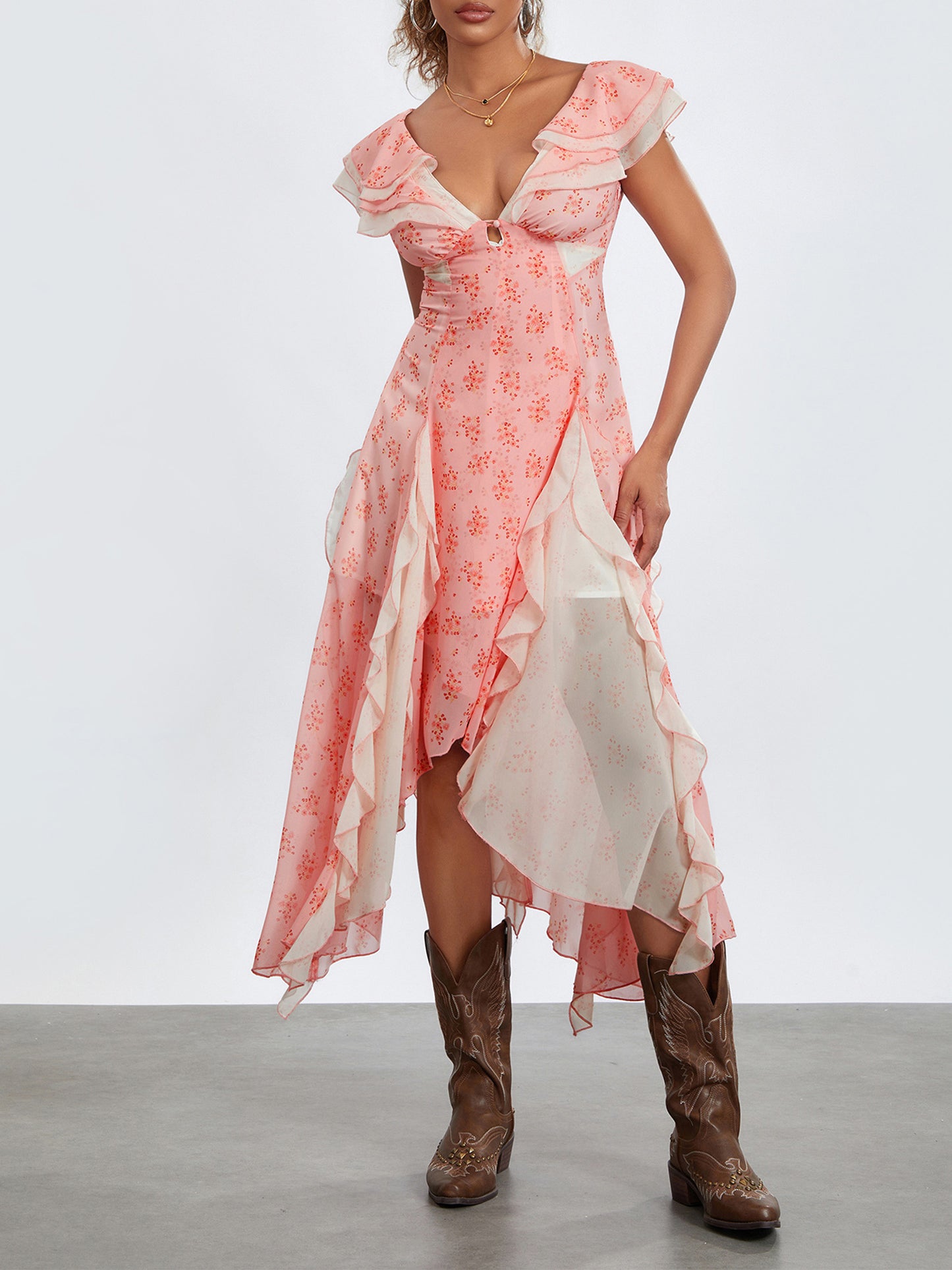 Women Summer Casual Midi Dress Floral Print Ruffles Fly Sleeve V-Neck Dress Fashion Holiday Beach Dress
