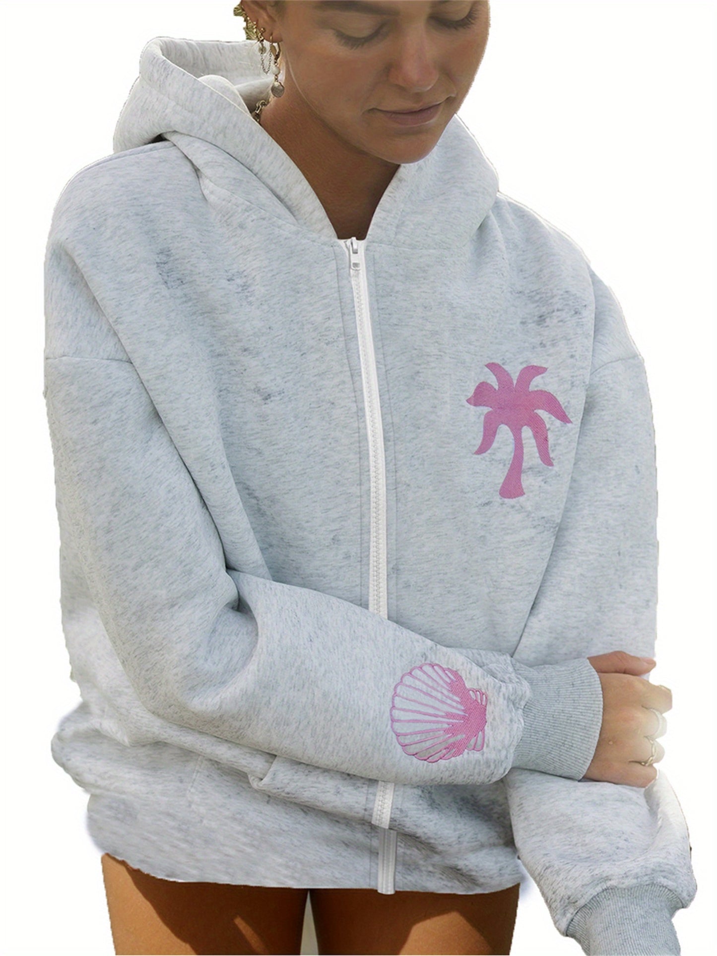 Women'S Loose Hoodies Shell Embroidered Zip-Up Hooded Long Sleeve Sweatshirts Fall Winter Casual Coat