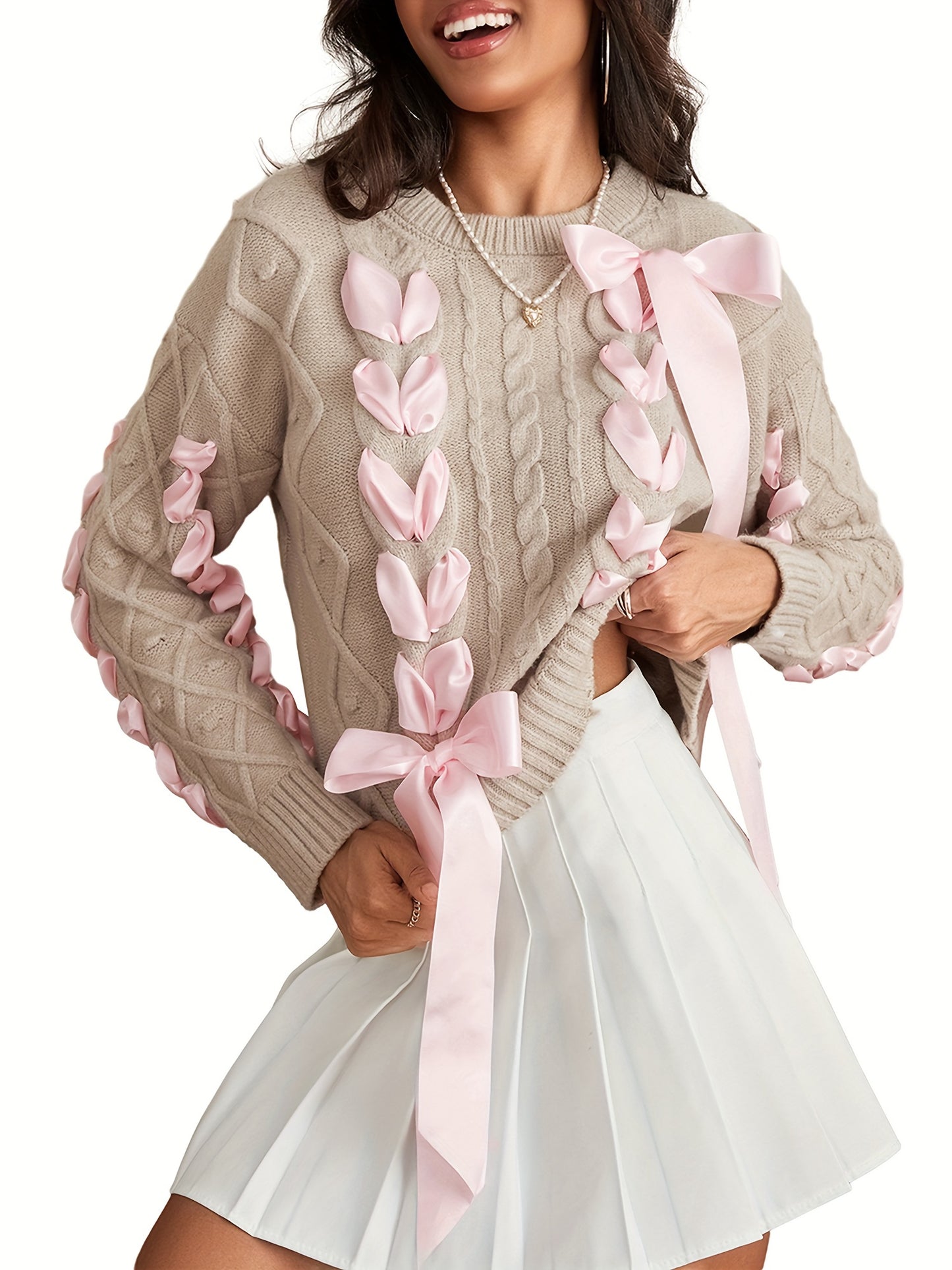 Women'S Ribbon Sweater Cute Round Neck Long Sleeve 3D Bow Cable Knit Pullover Sweater for Fall Winter