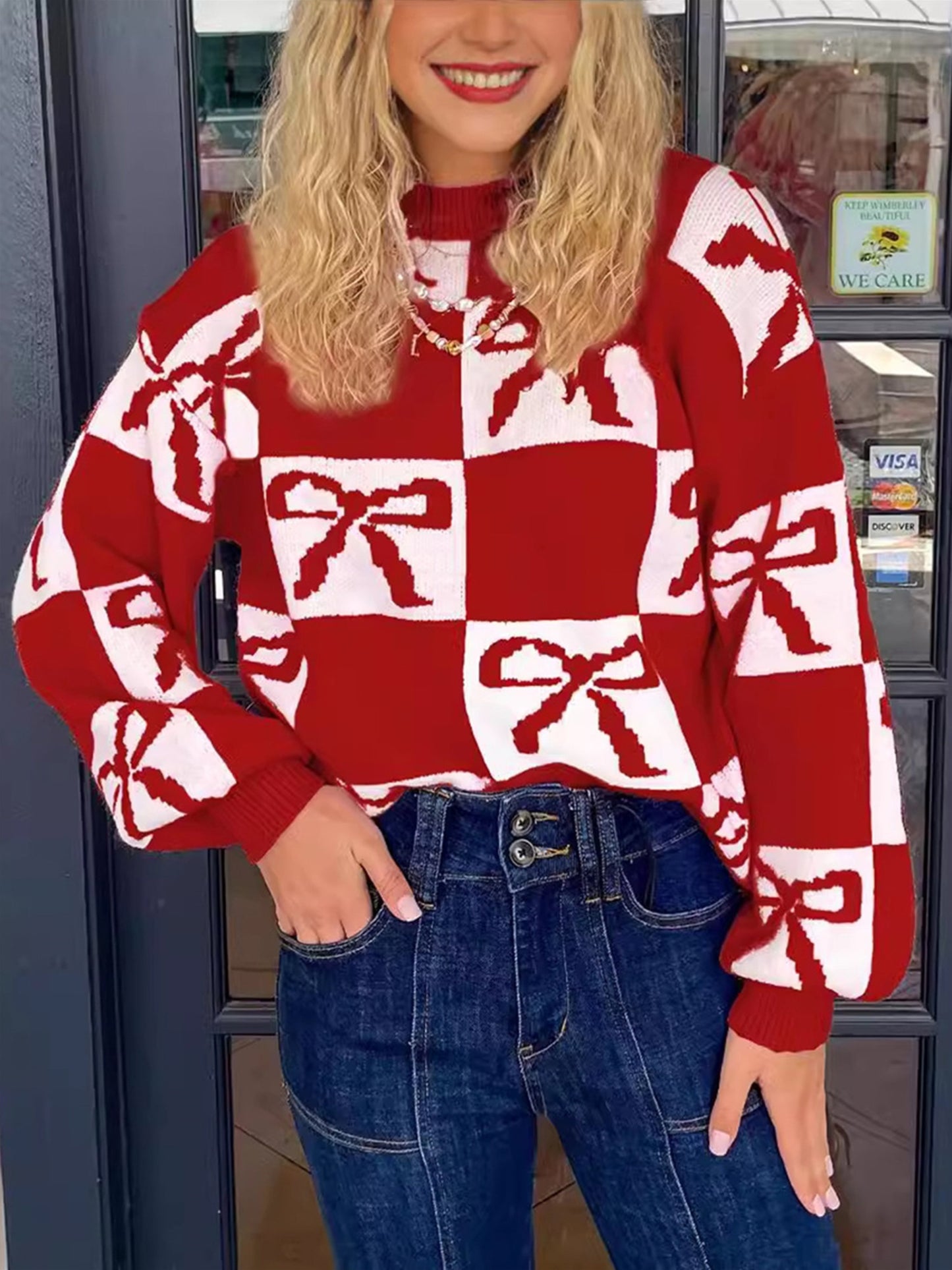 1pc Women'S Casual Crew Neck Knit Sweater - Polyester Long Sleeve Ribbed Top with Checkered Bow Pattern for Fall\u002FWinter