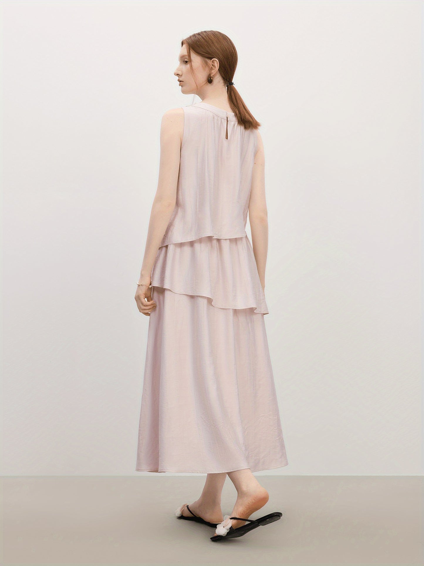 FSLE Women'S Sleeveless Halter Neck Dress - Lightweight Polyester, Tiered Ruffled Hem, Casual Summer Beachwear, Solid Color, Perfect for Vacation or Casual Attire, Beach Dress