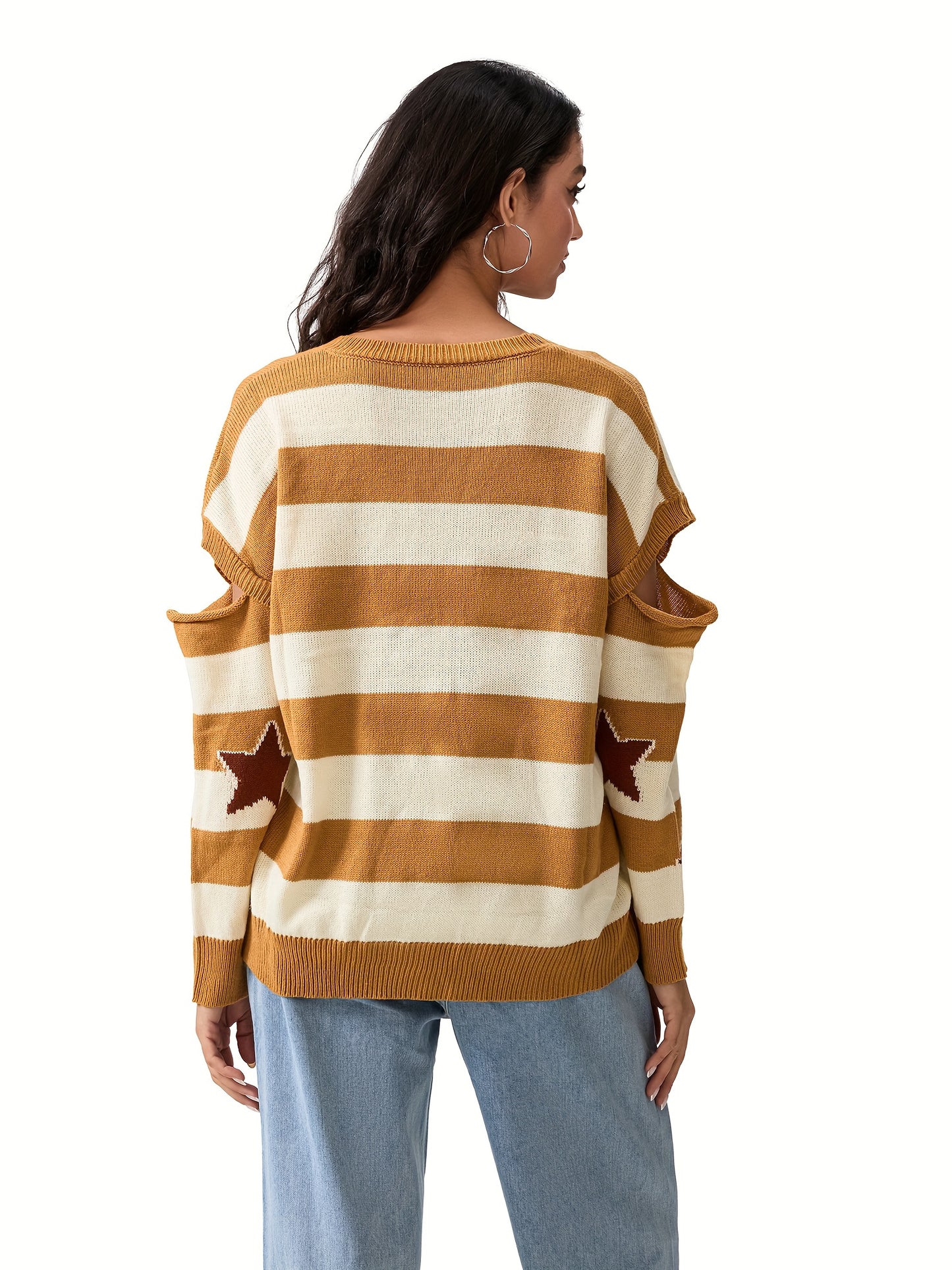Vintage Style Women'S Knit Pullover Sweater, Crew Neck, Striped and Star Pattern, Long Sleeve, with Fake Button Detail, for Fall Season Warm Knit Fabric