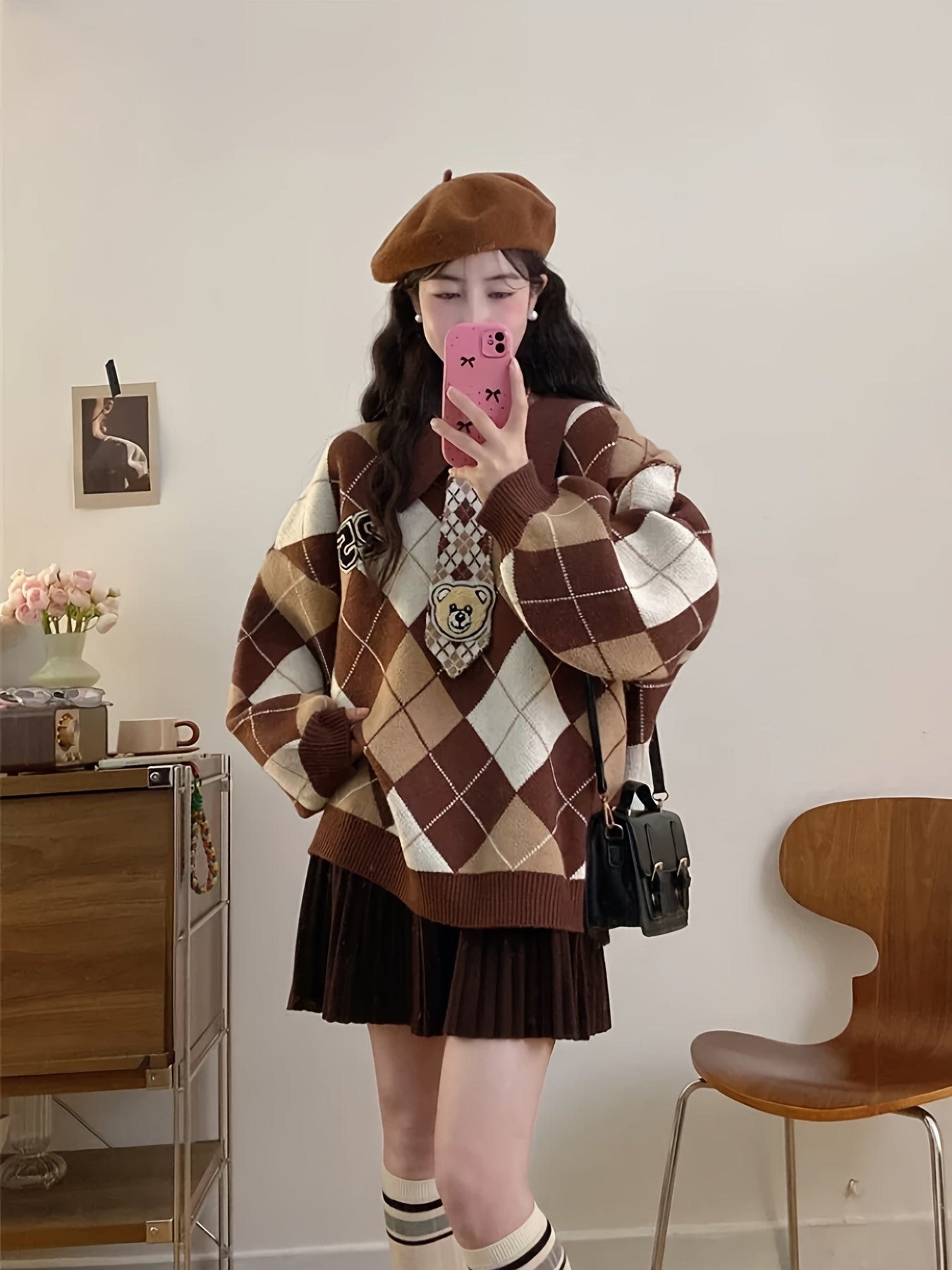 Women'S Casual Loose Fit Sweater with Diamond Pattern - Soft & Cozy Pullover for Spring\u002FFall, Long Sleeve, No Belt, Casual Style, Fall Fashion | Relaxed Fit Top | Knit Construction, Sweater Dress