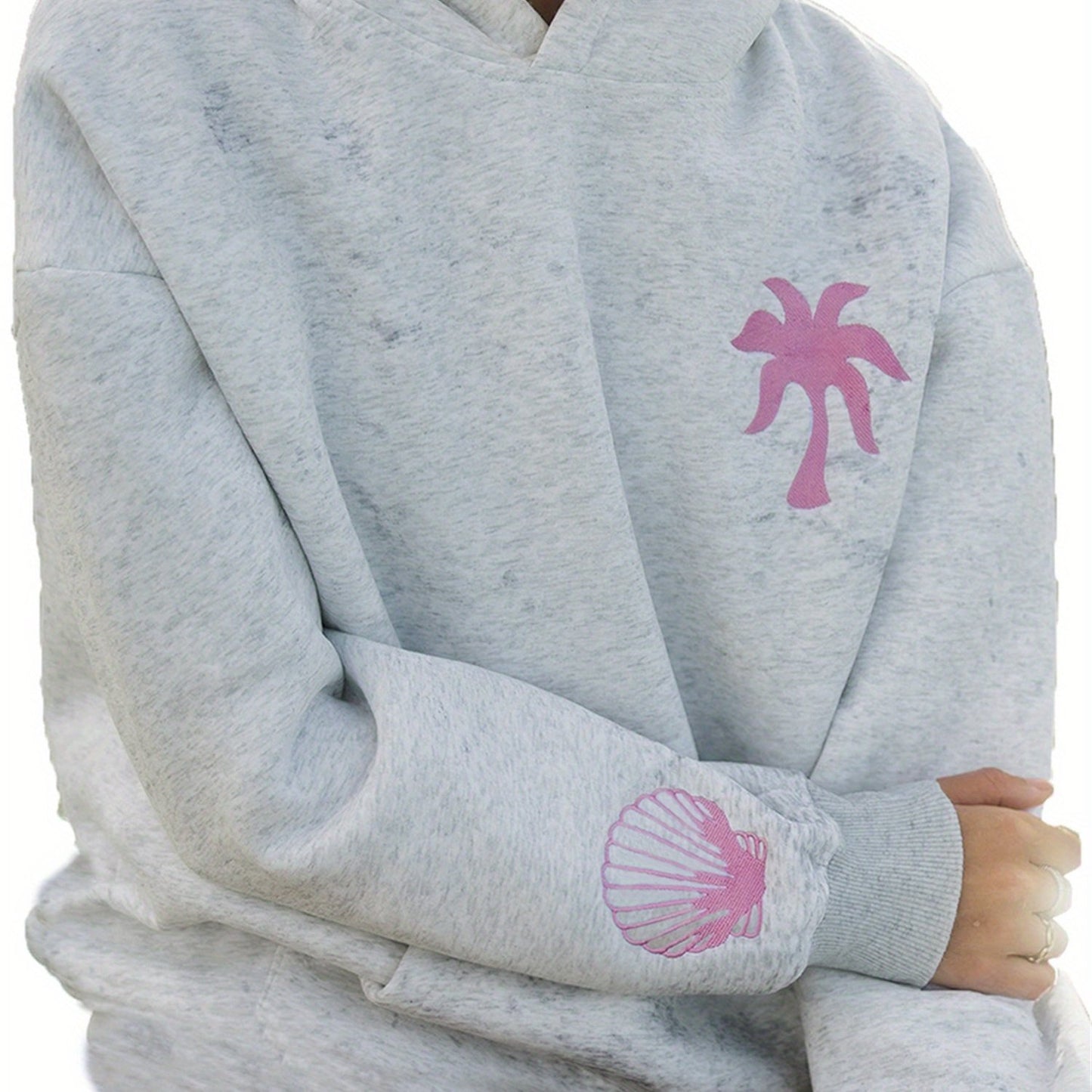 Long Sleeve Crew Neck Knit Polyester Hoodie - Women'S Beach-Themed Sweatshirt with Front Pocket, Slight Stretch, Printed Palm & Shell Design, Casual Sports Style Top