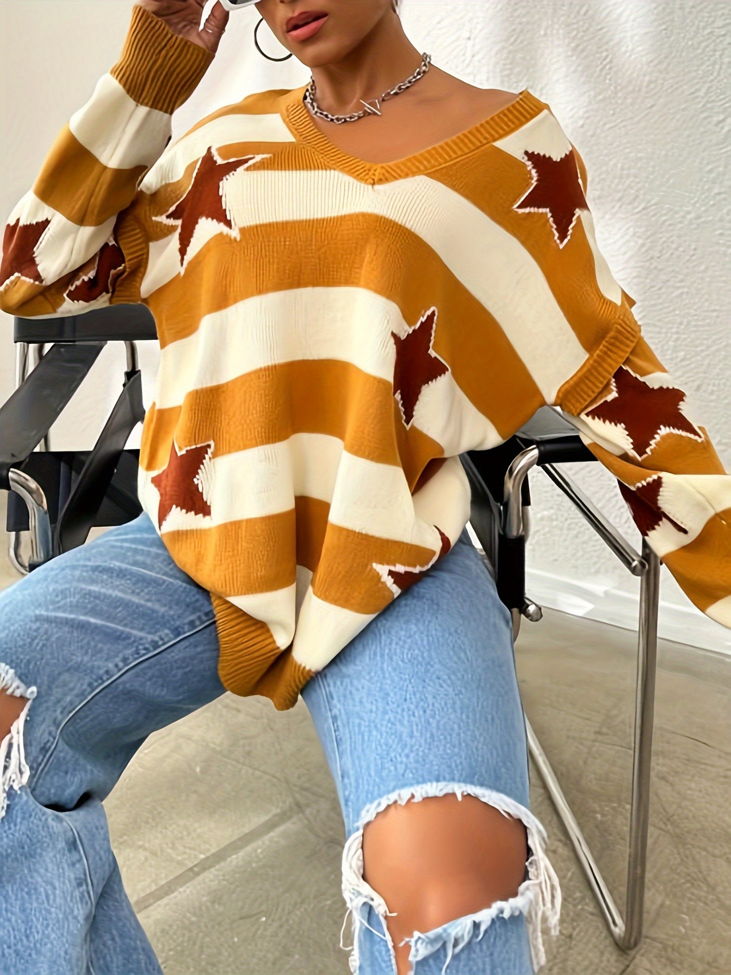 Vintage Style Women'S Knit Pullover Sweater, Crew Neck, Striped and Star Pattern, Long Sleeve, with Fake Button Detail, for Fall Season Warm Knit Fabric