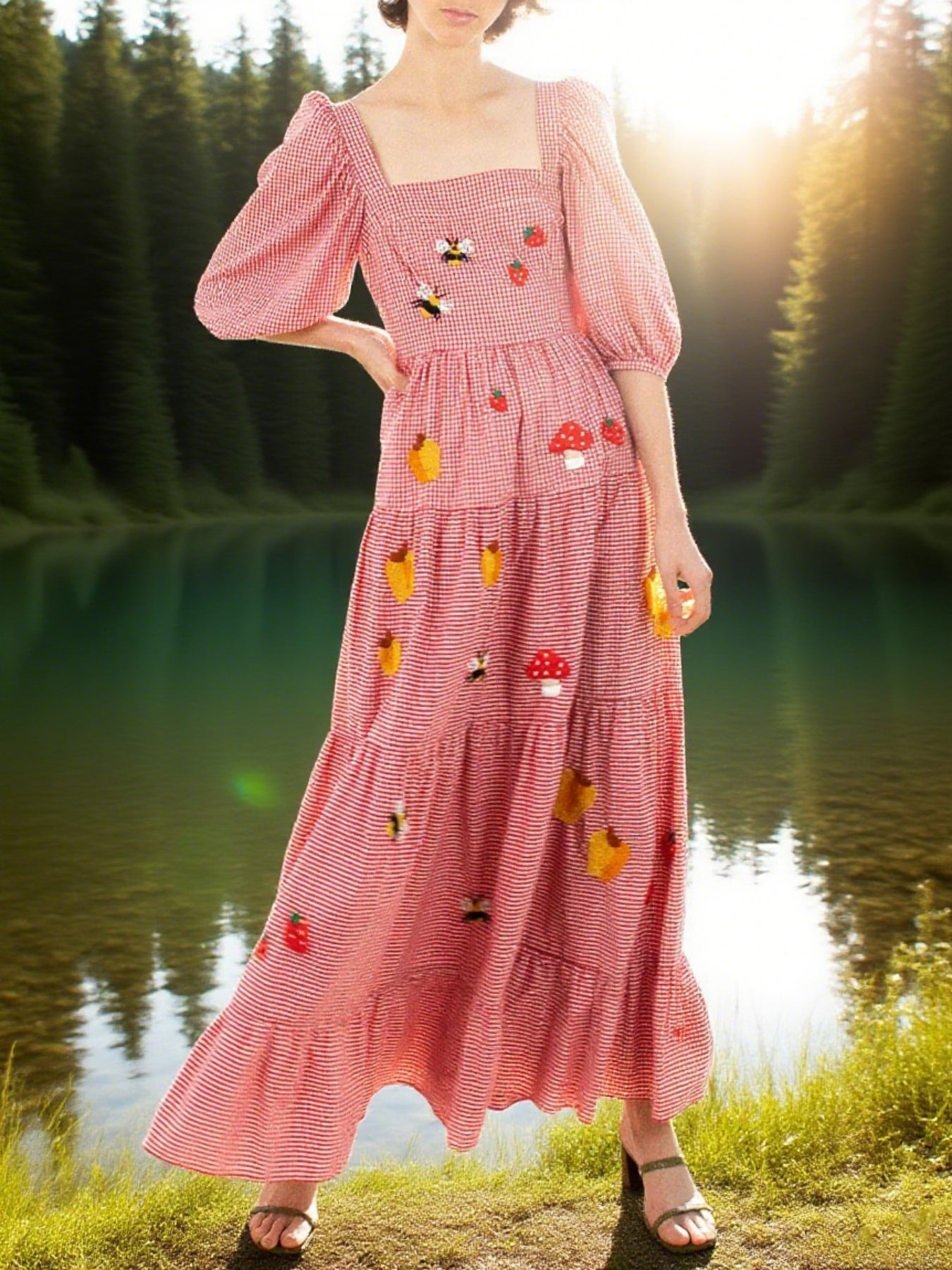 Women's Elegant Floral-like long dress - Flowy A-Line Formal & casual event gown, with Square Neckline, for Wedding, Party, Everyday Outfits - Spring\u002FSummer\u002FFall Dresses, Seasonal Fashion, Smocked Embroidery, Lightweight Fabric