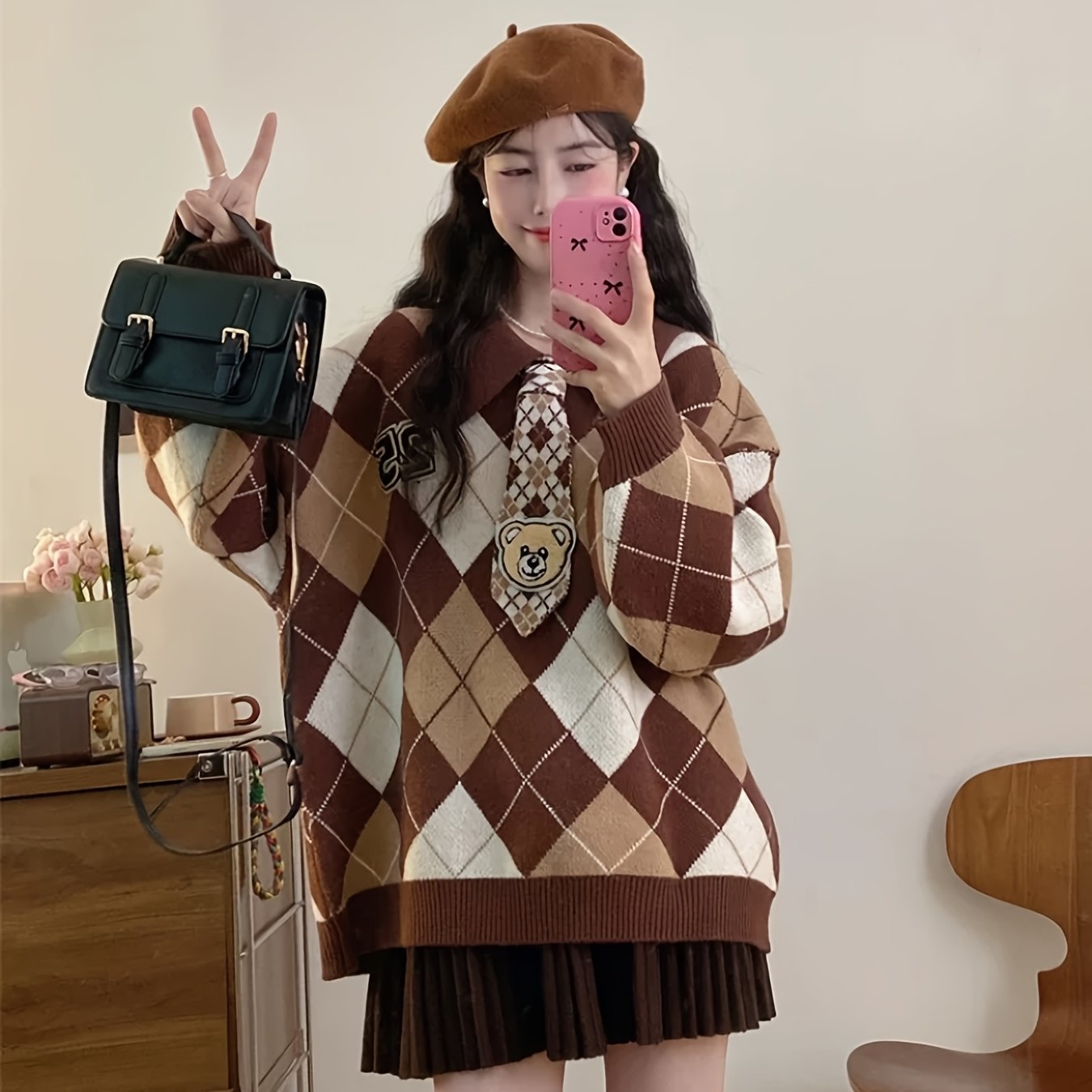 Women'S Casual Loose Fit Sweater with Diamond Pattern - Soft & Cozy Pullover for Spring\u002FFall, Long Sleeve, No Belt, Casual Style, Fall Fashion | Relaxed Fit Top | Knit Construction, Sweater Dress