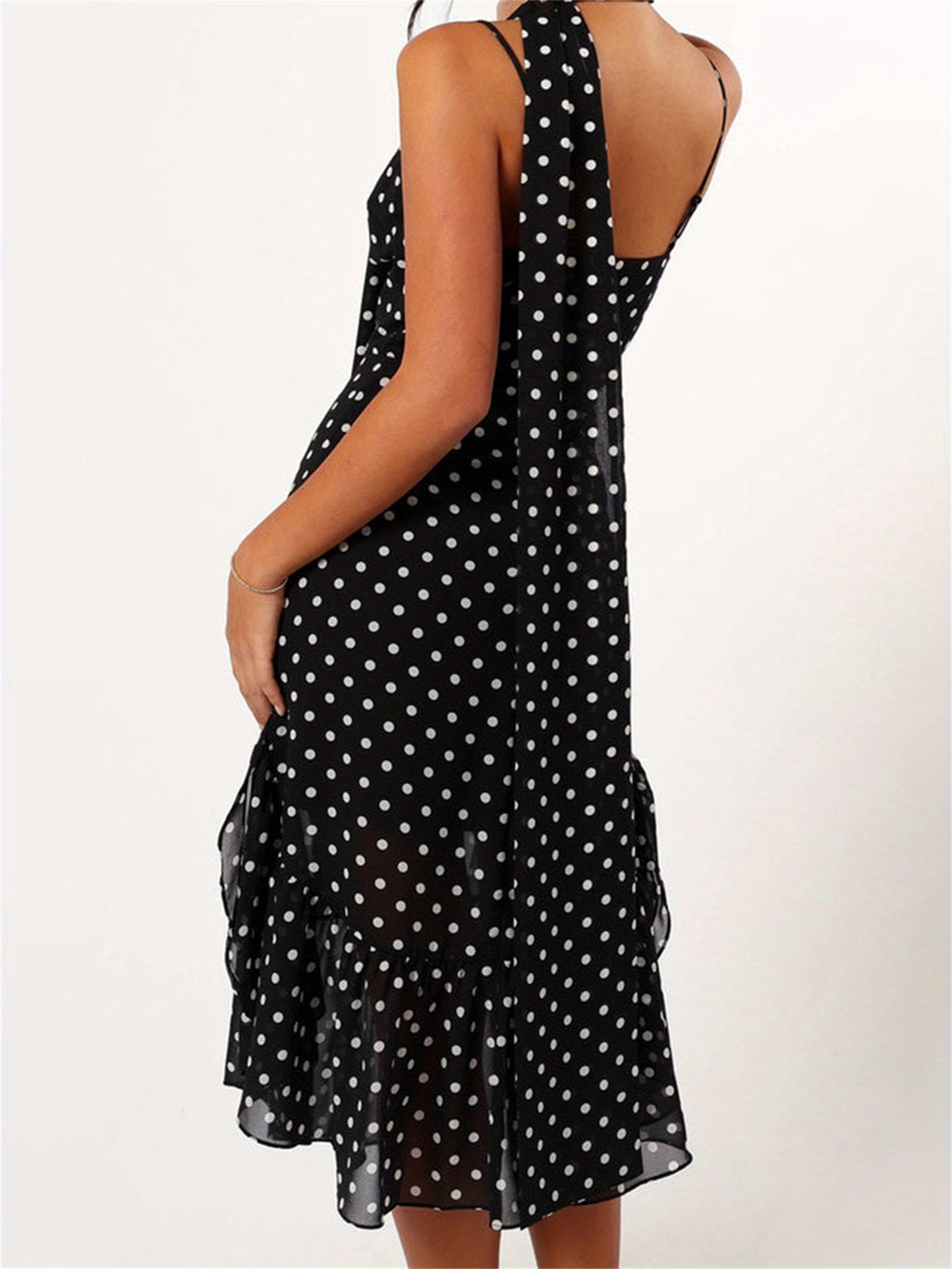 Women Summer Spaghetti Strap Dress Casual Dot Print Ruffle Party Dress and Scarf for Vacation Beach Streetwear