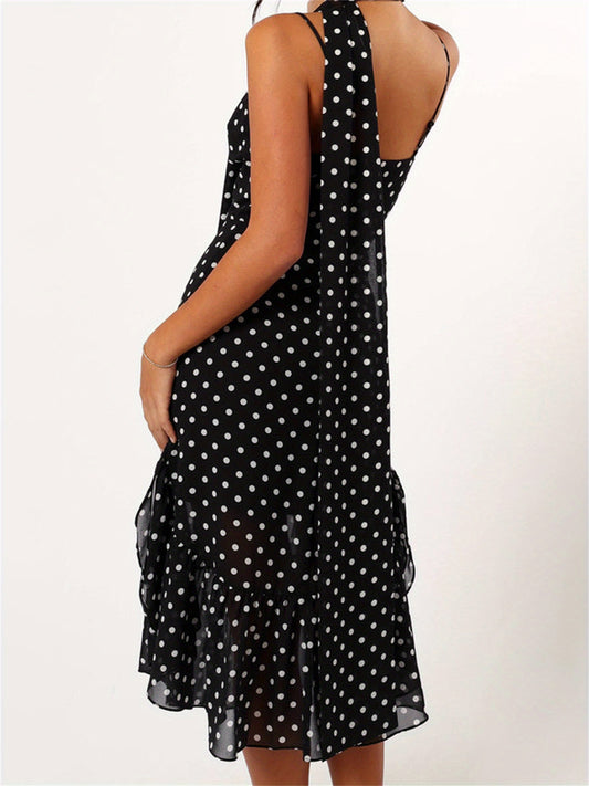 Women Summer Spaghetti Strap Dress Casual Dot Print Ruffle Party Dress and Scarf for Vacation Beach Streetwear