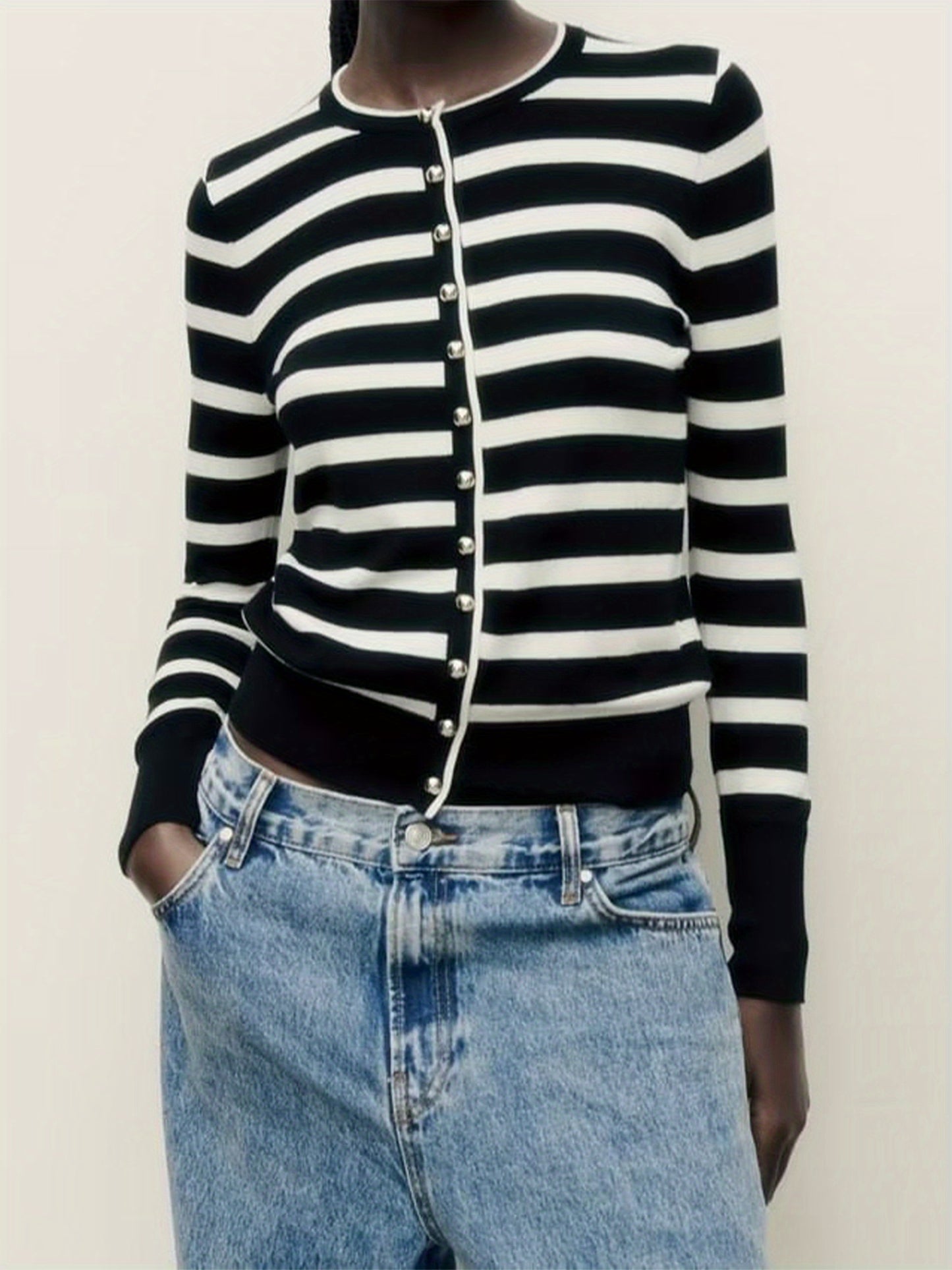 1pc Chic Polyester Crew Neck Cardigan for Women - Solid Color Knit Sweater with Buckle Detail, All-Season Fashion Pullover