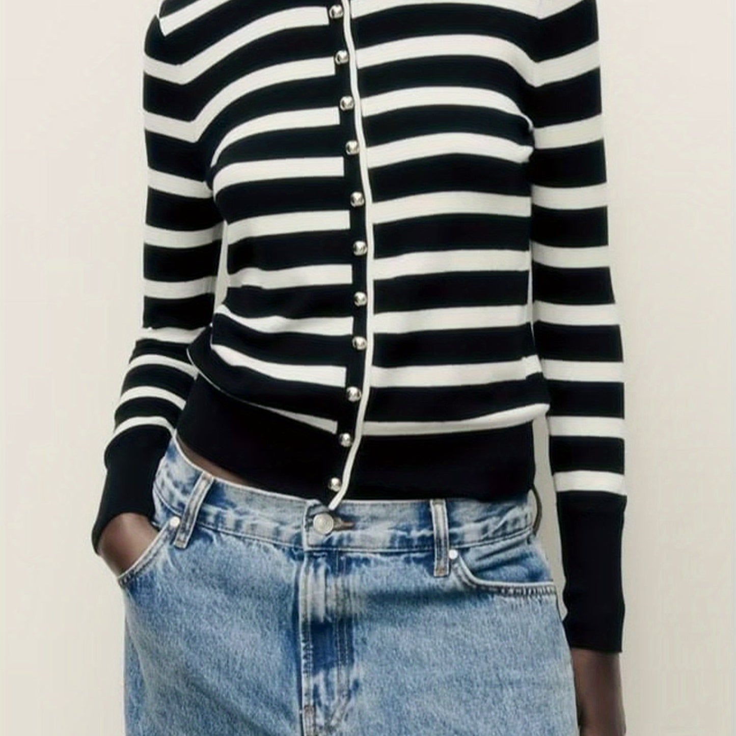 1pc Chic Polyester Crew Neck Cardigan for Women - Solid Color Knit Sweater with Buckle Detail, All-Season Fashion Pullover