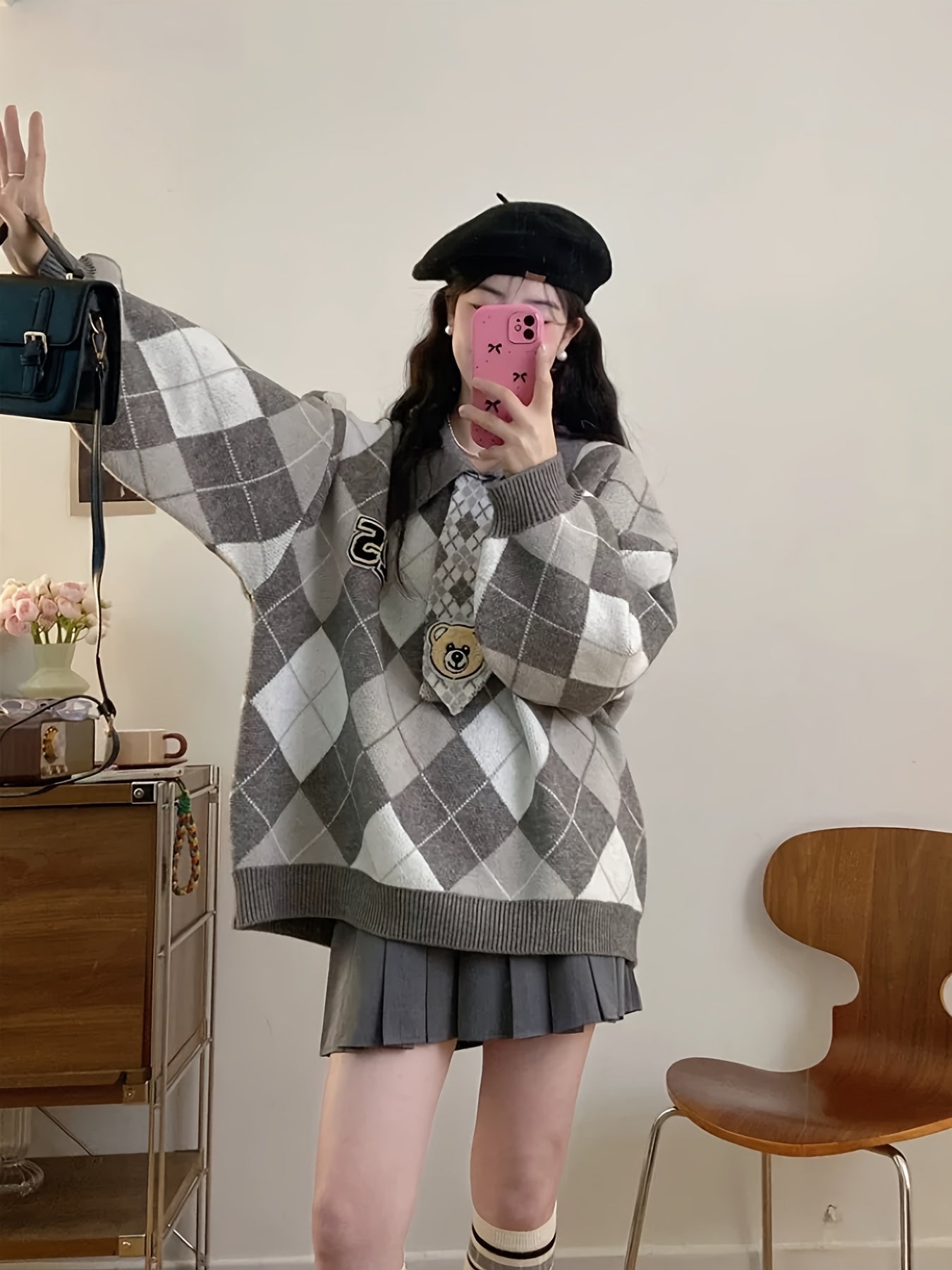 Women'S Casual Loose Fit Sweater with Diamond Pattern - Soft & Cozy Pullover for Spring\u002FFall, Long Sleeve, No Belt, Casual Style, Fall Fashion | Relaxed Fit Top | Knit Construction, Sweater Dress