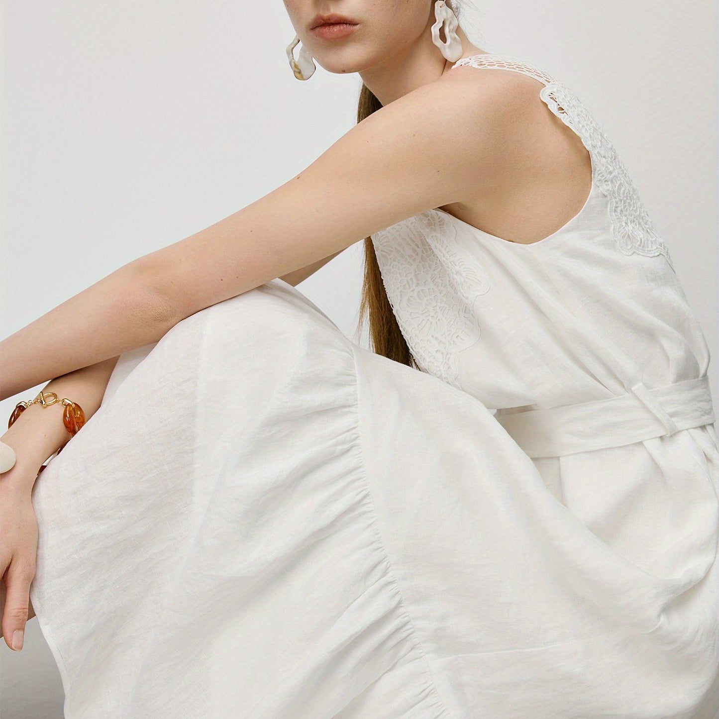 Elegant Midi Dress FSLE Elegant White Linen-Look Sleeveless Midi Dress | Summer 2025 Collection, Casual Yet Chic Design for Spring\u002FSummer, Ruffled Hem with Lace Detailing