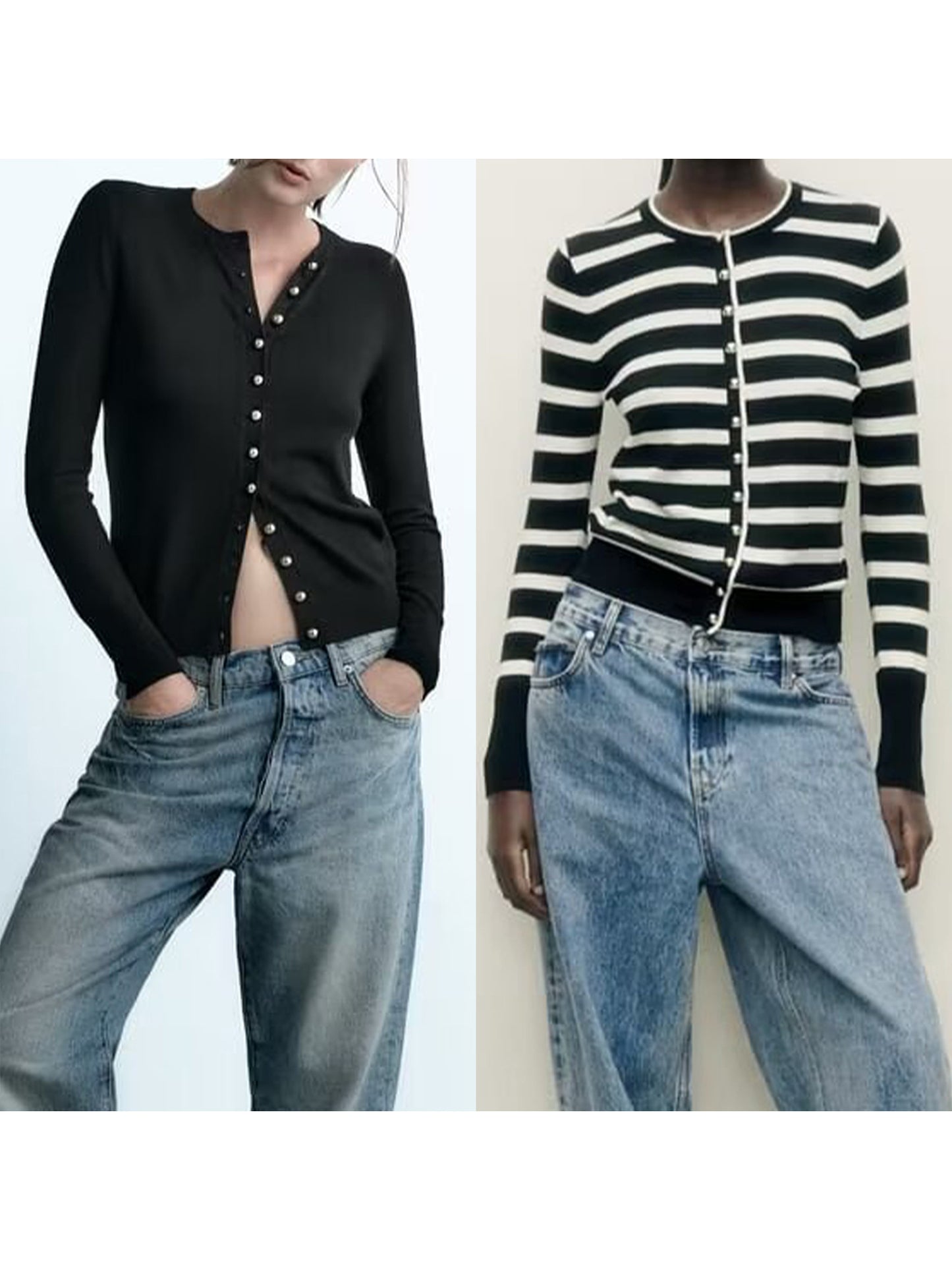 1pc Chic Polyester Crew Neck Cardigan for Women - Solid Color Knit Sweater with Buckle Detail, All-Season Fashion Pullover