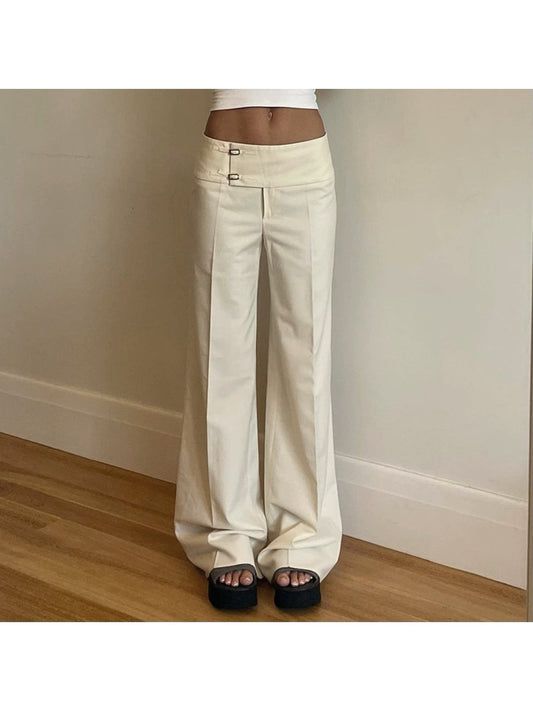 Women's Low-Rise Comfortable Loose Straight Leg Slacks - Casual Solid Color Pants with Side Pockets, Machine Washable & All-Season Versatile for Office, Casual Attire, Comfy Pants, Functional Pocket Design, Easy Maintenance Clothing
