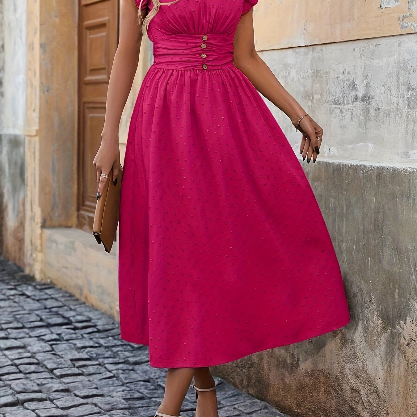 Women's Bohemian V-Neck Sleeveless Midi Dress - High Waist Ruched Detail, Vibrant Pink, Machine Washable Summer Casual & Party Dress for Women, Event Attire, Elegant Design, Flowy Skirt Style