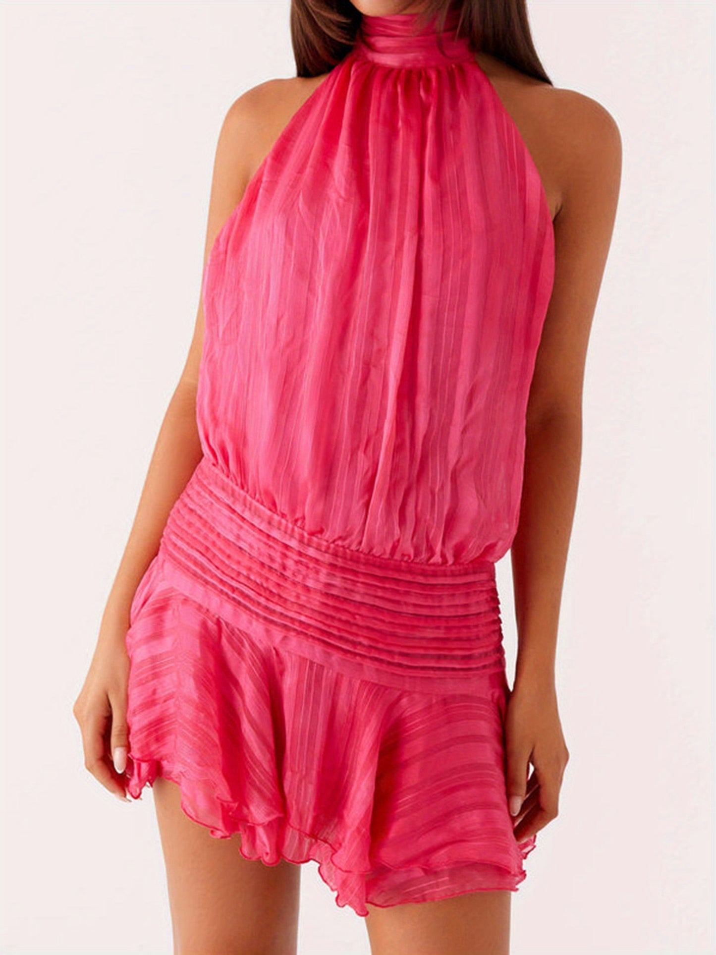 Women'S Sleeveless Halter Neck Mini Dress - Pleated A-Line Ruffle Hem, Open Back V-Neck, Solid Red Casual Summer Dress for Spring\u002FSummer\u002FFall, Spring Summer Dress | Sleeveless Fashion | Layered Ruffle Design
