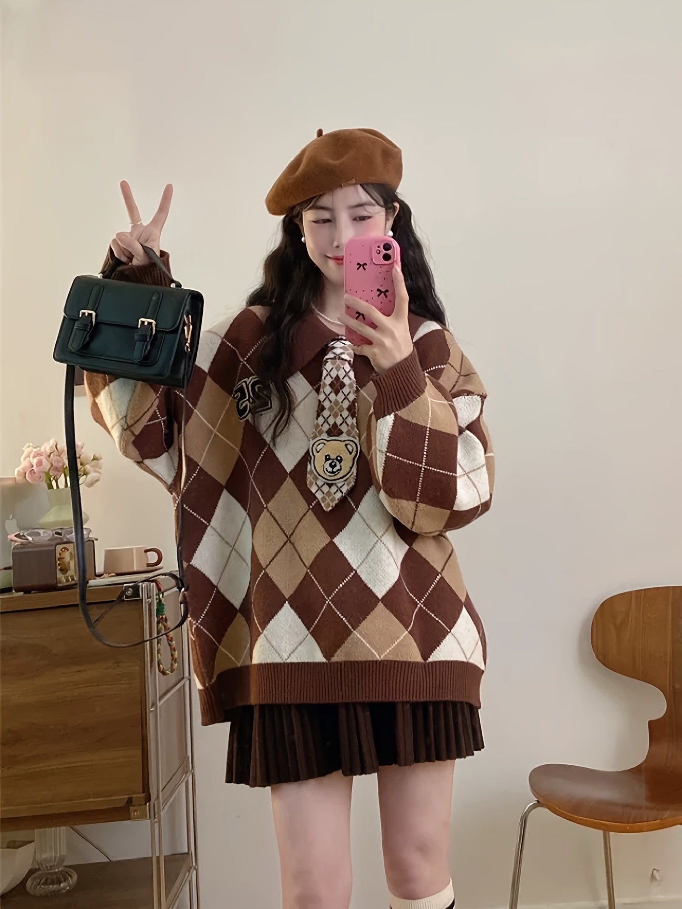 Women'S Casual Loose Fit Sweater with Diamond Pattern - Soft & Cozy Pullover for Spring\u002FFall, Long Sleeve, No Belt, Casual Style, Fall Fashion | Relaxed Fit Top | Knit Construction, Sweater Dress
