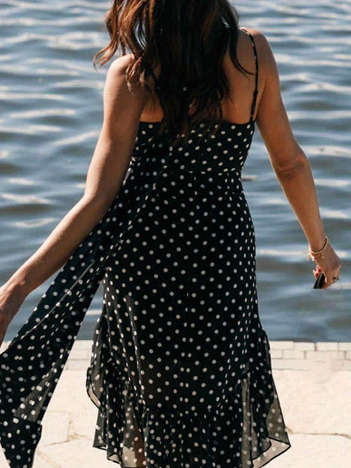 Women Summer Spaghetti Strap Dress Casual Dot Print Ruffle Party Dress and Scarf for Vacation Beach Streetwear