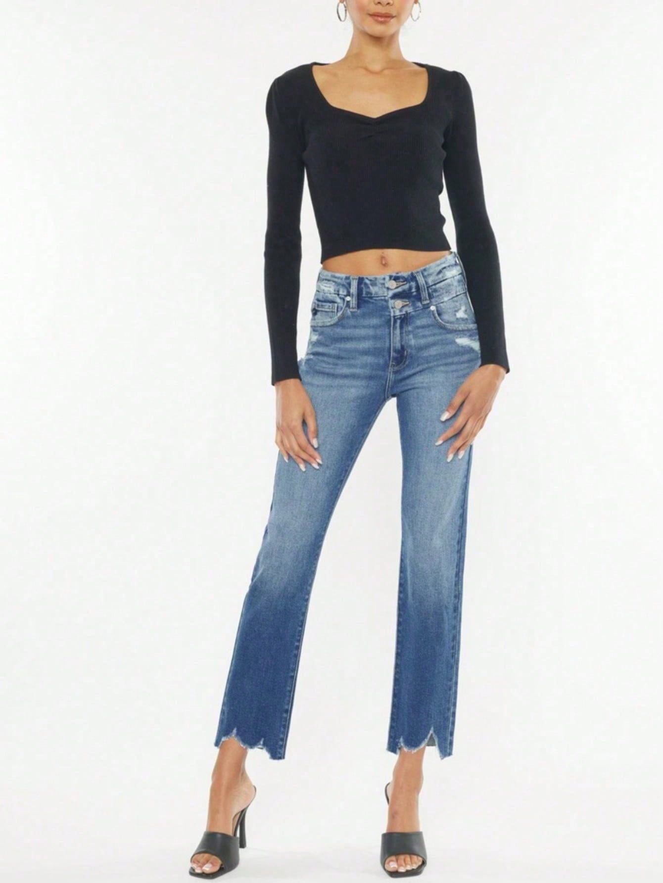 Women's Casual Jeans Fashion High-Waist Raw Hem Crop Straight-Leg Denim Pants Medium Blue Button And Zipper Closure Slim Fit Ankle Length Great For Spring\u002FSummer\u002FFall Daily Wear