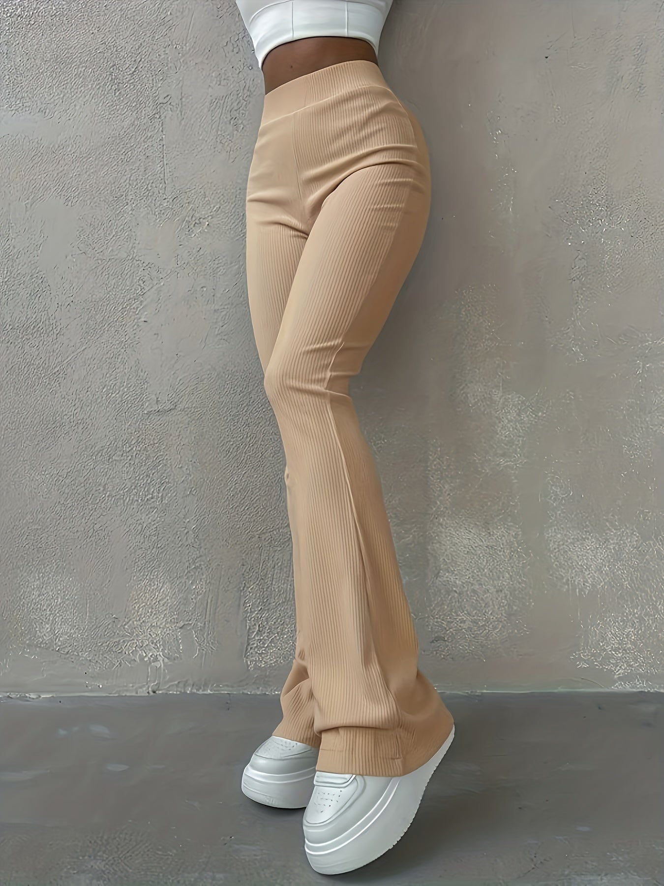 Casual Ribbed Simple Slim Leggings Solid Color High Waist Fashion Trousers