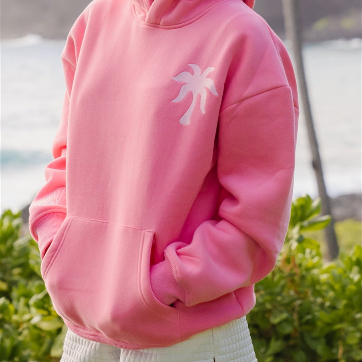 Long Sleeve Crew Neck Knit Polyester Hoodie - Women'S Beach-Themed Sweatshirt with Front Pocket, Slight Stretch, Printed Palm & Shell Design, Casual Sports Style Top